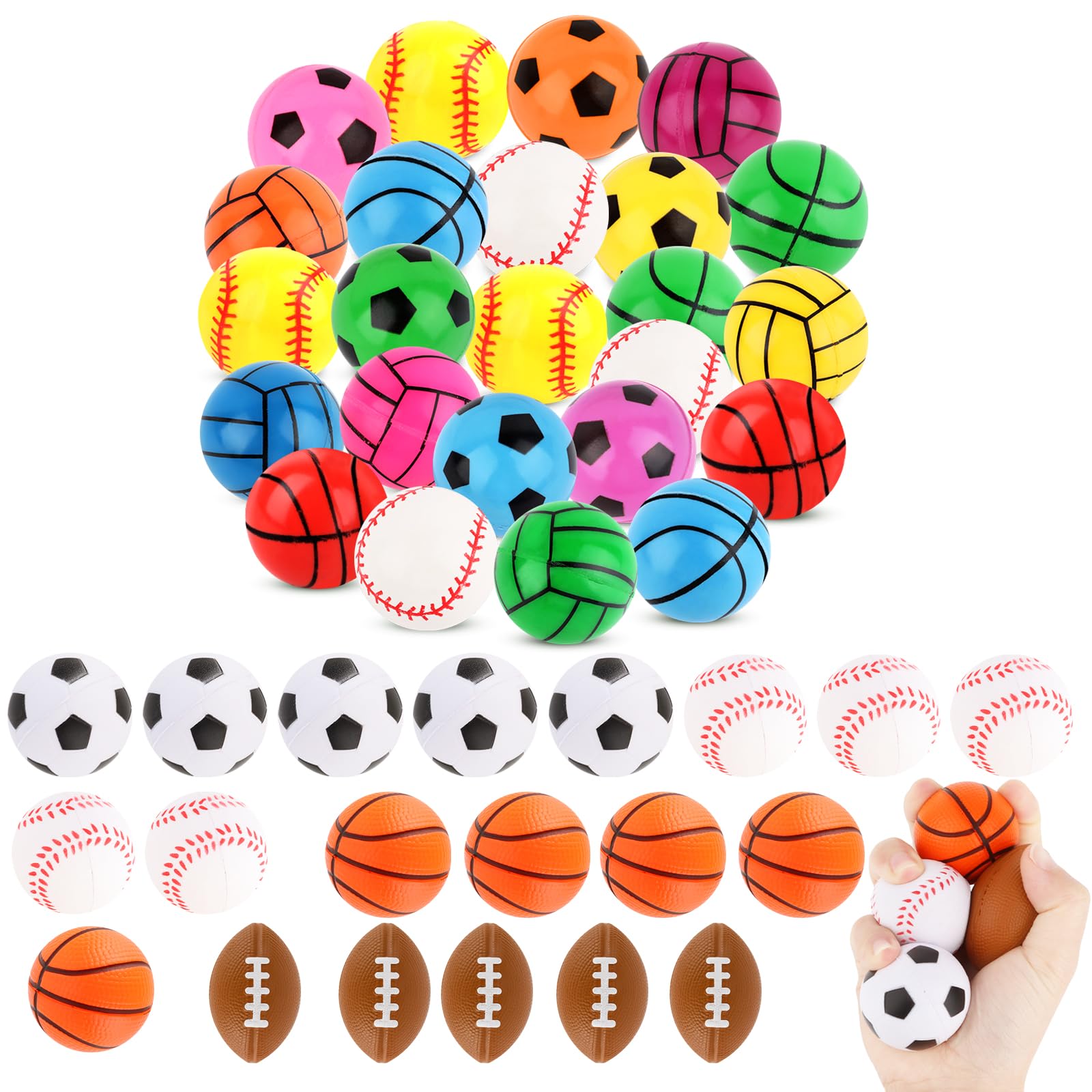 Mini Sport Stress Balls & 24 Pcs Sports Bouncy Balls for Kids Sport Theme Birthday Party, School Carnival Party Supplies