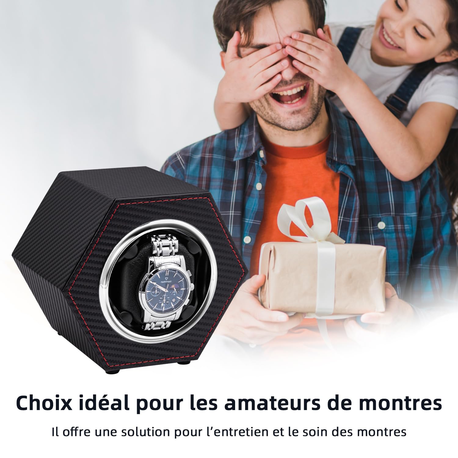 Mcbazel Remontoir de Montre Automatique Rotatif 1 Slot - Boîte Hexagonale en Cuir PU avec Port Type-C - Fibre de Carbone