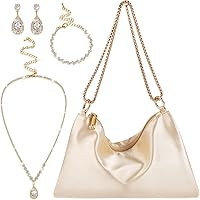 Clysee 4-Pc Satin Champagne Gold Purse Jewelry Set: Evening Clutch Handbag, Necklace, Earrings, Bracelet for Wedding Prom Cocktail