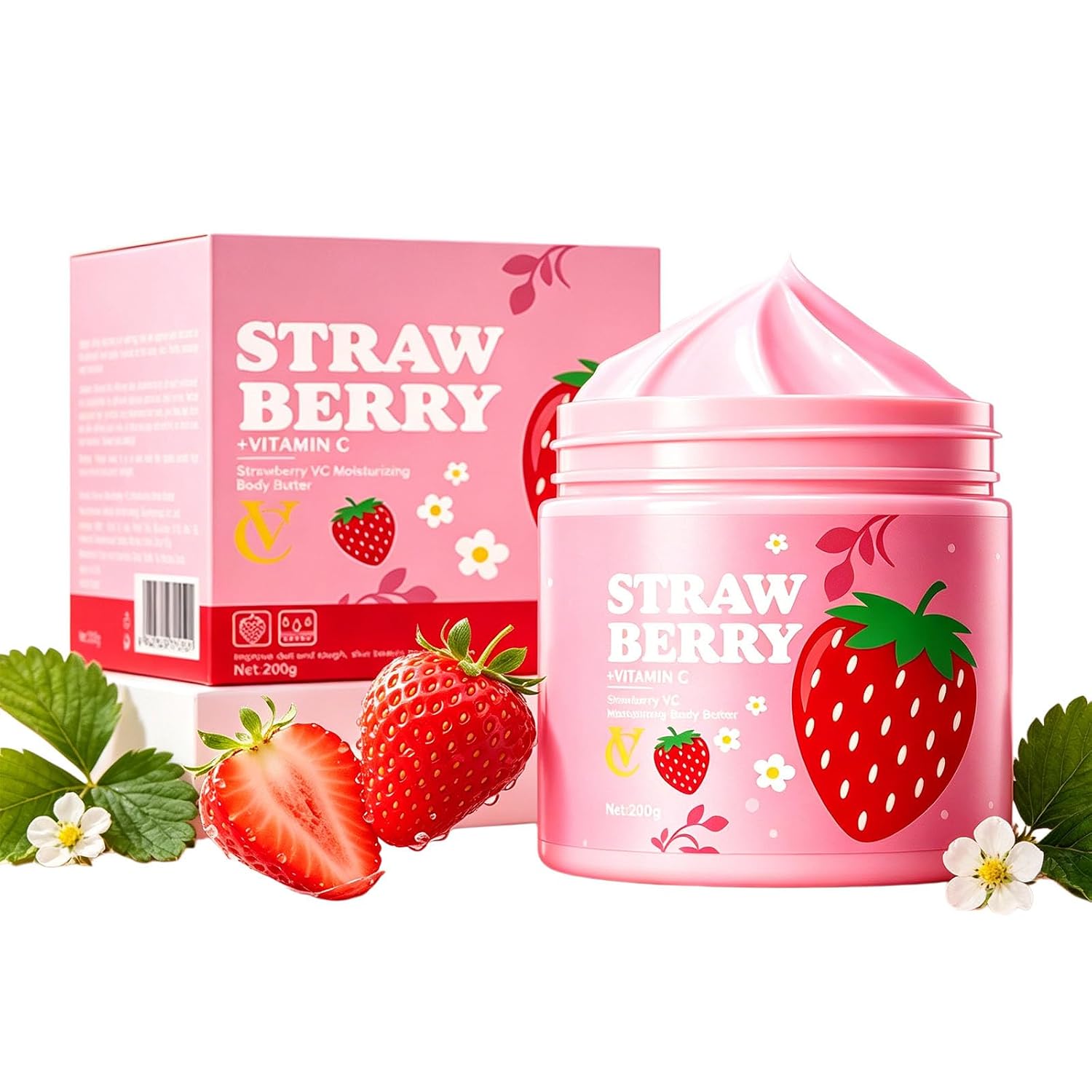 Strawberry Body Butter, Shea Body Butter for Women, Long Lasting Nourishment and Hydration, Lightweight and Non-greasy, Strawberry Body Care Smell Good for Dry Skin, 7.05 Oz