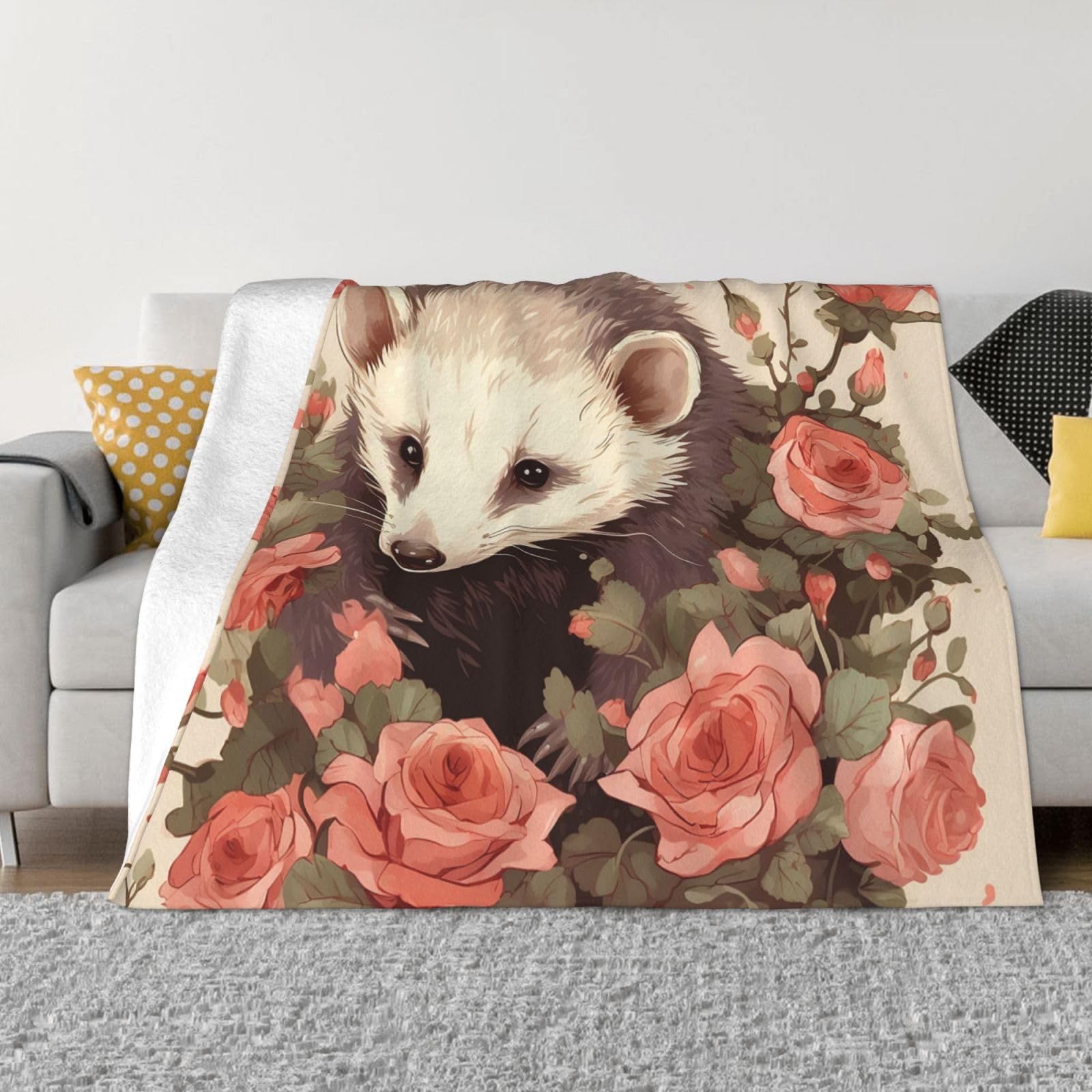 Couverture polaire opossum et roses 152x127 cm douce pour lit et canapé