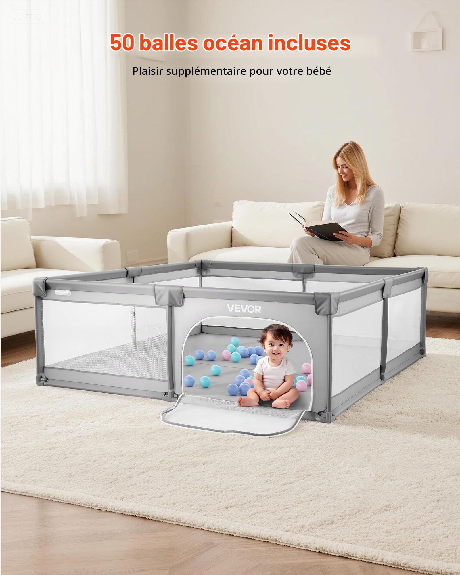 VEVOR Parc Bébé, 200x149 cm, Parc de Jeu Enfant, avec 50 Balles Océaniques, Sac de Voyage, Porte Zippée, Maille Respirante, Barrière de Jeu pour Tout-Petits Apprendre à Marcher Intérieur Extérieur