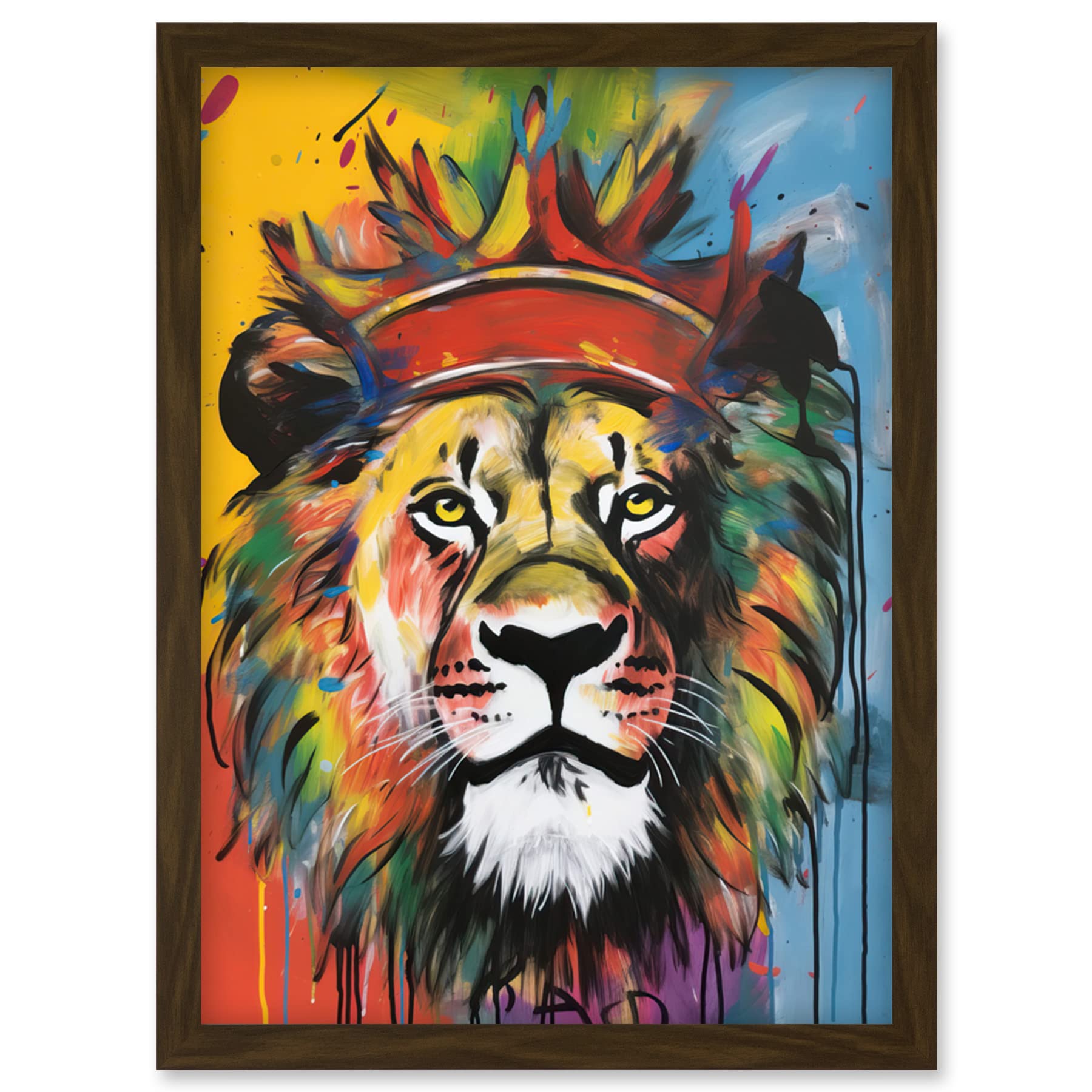 Artery8 King of the Jungle Lion with Crown Modern Pop Art Artwork Framed Wall Art Print A4