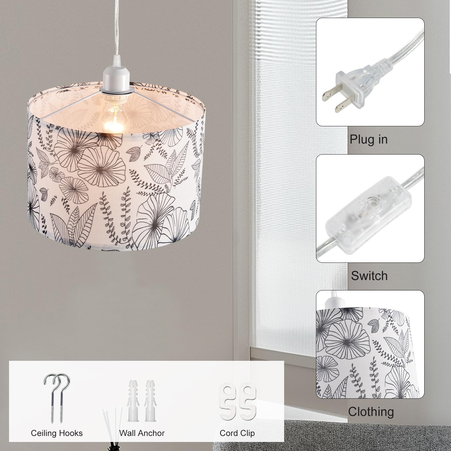 2 Pack Plug in Pendant Light, Hanging Light with 15Ft Clear Cord, On/Off Switch, Flower Fabric Lamp Shade, Hanging Light Fixture for Bedroom, Kitchen, Living Room, Dining Table