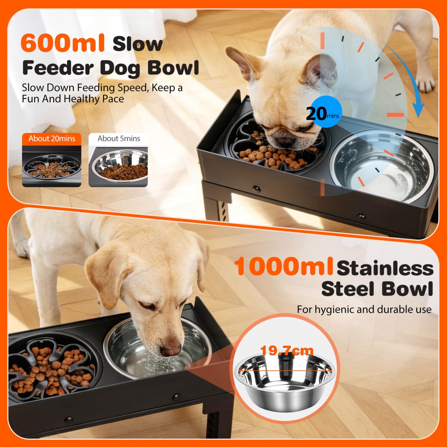 Nobleza Comedero Elevado para Perros Ajustable (6 Alturas), Soporte con Inclinación de 5° o 10° y Borde Antisalpicaduras, 1 x 1000ml Cuenco Acero Inoxidable, 1 x 600ml Comedero Perro Antivoracidad