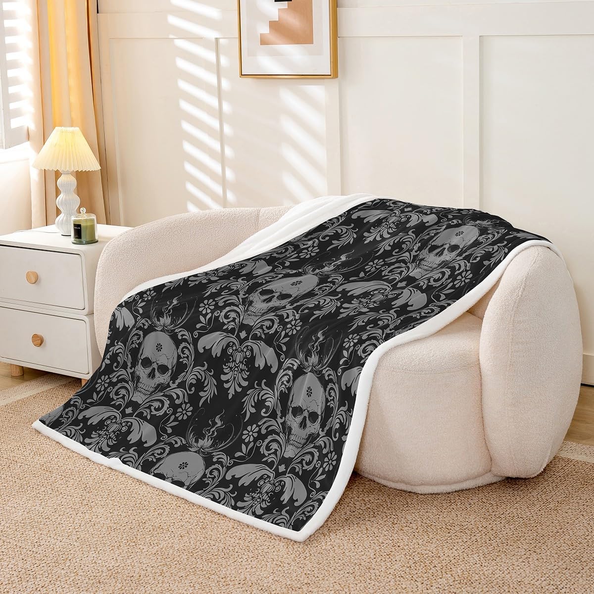 Sugar Skull Twin 60"x80" Jacquard Gothic Skull Fleece Throw Blanket for Kids Boys Girls Decor Halloween Themed Sherpa Blanket Plush Fuzzy Soft Lightweight Microfiber Floral Bedroom Decor image 3