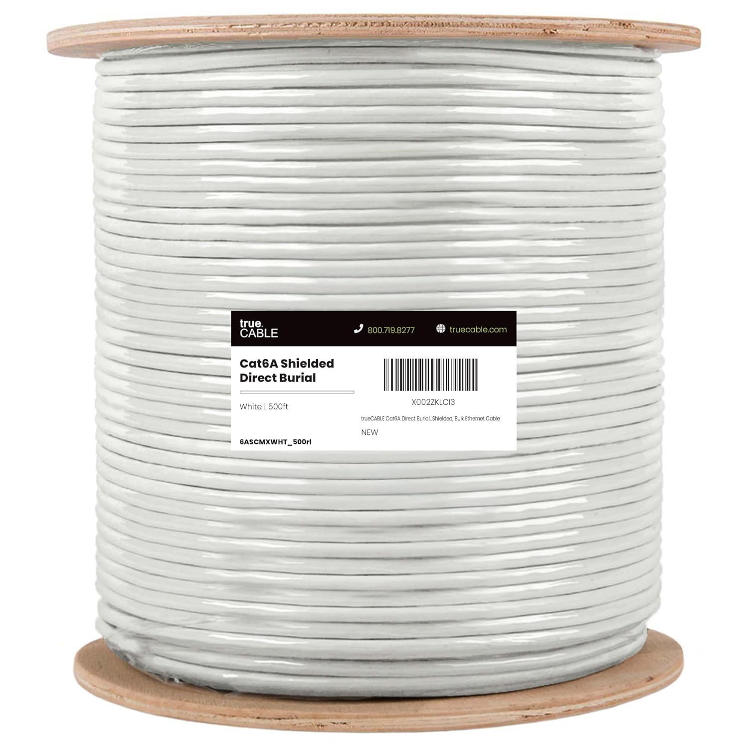 TRUE CABLE Cat6A Direct Burial Bulk Ethernet Cable, Shielded F/UTP, 500ft, White, Waterproof, Outdoor OSP Jacket, 23AWG Solid Bare Copper, 750MHz, PoE++ 100W