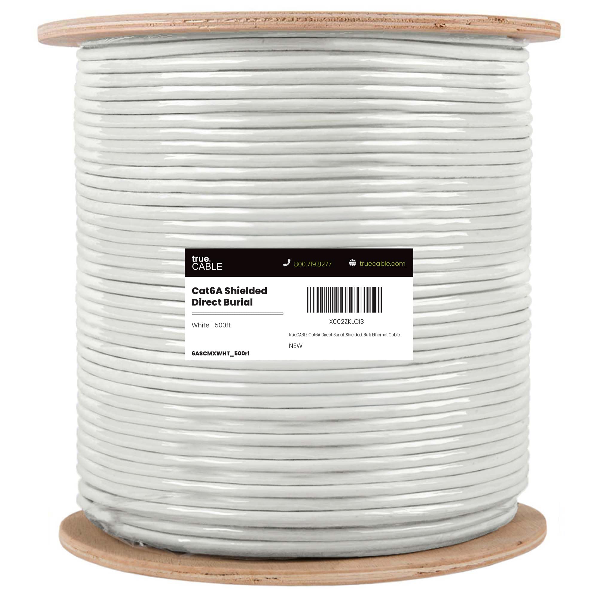 trueCABLE Cat6A Sepoltura diretta, FTP schermato, 152,4 m, impermeabile, CMX per esterni, bianco, rame nudo solido 23AWG, 750MHz, PoE++ (4PPoE), elenco ETL, cavo Ethernet sfuso
