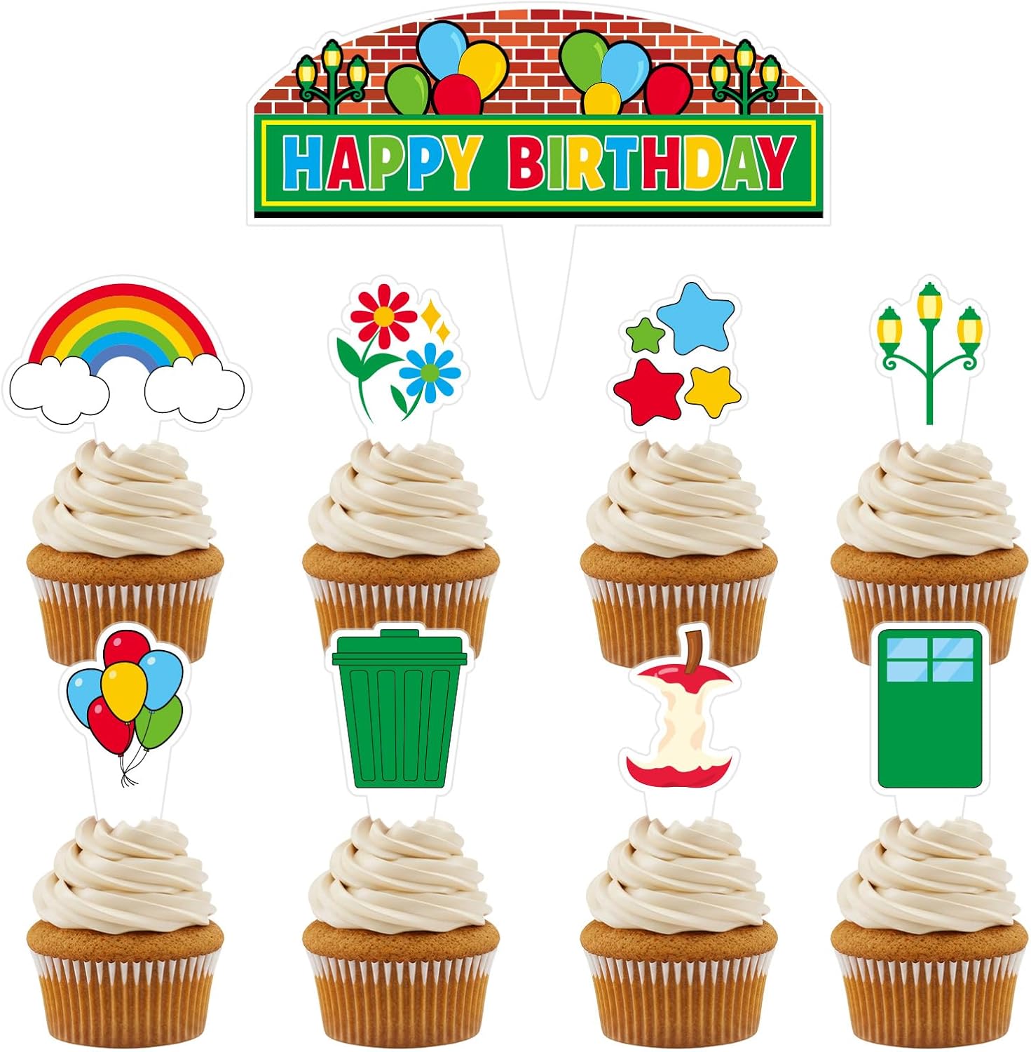 25pcs Cartoon Street Cupcake Toppers, 9 Styles Cookies Cartoon Street Theme Birthday Cupcake Decorations Birthday Cake Decor for Kids Baby Shower Party Supplies