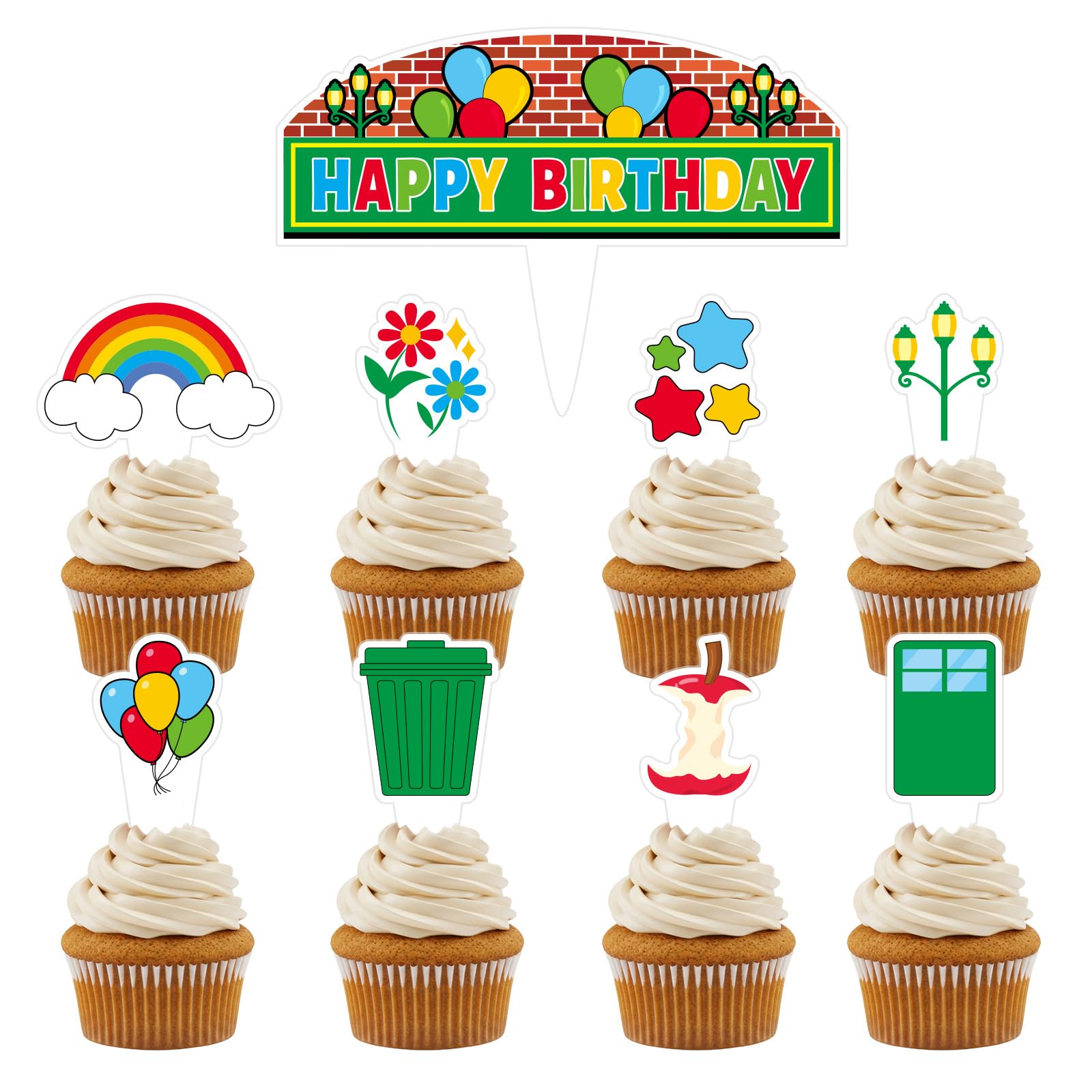 25pcs Cartoon Street Cupcake Toppers, 9 Styles Cookies Cartoon Street Theme Birthday Cupcake Decorations Birthday Cake Decor for Kids Baby Shower Party Supplies