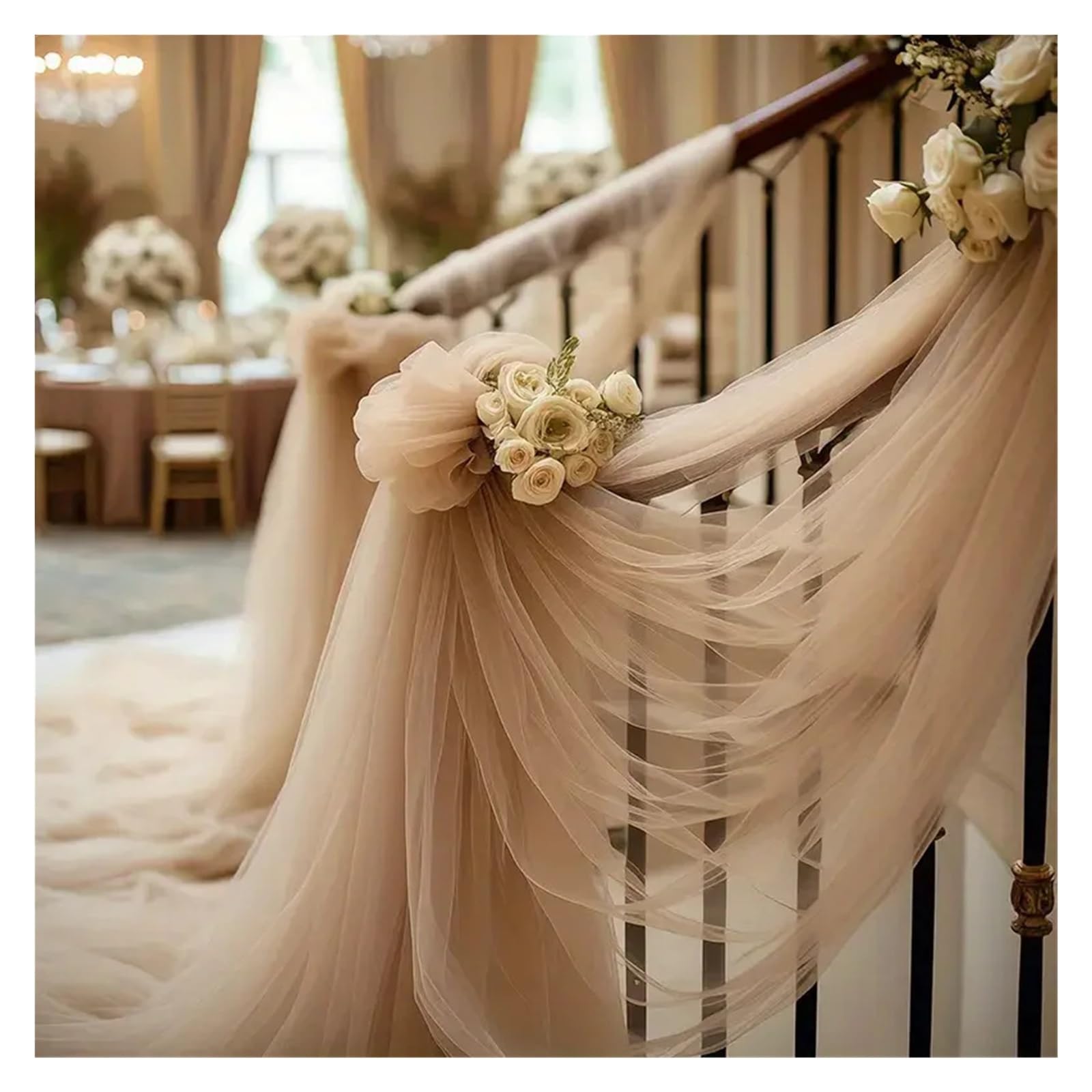 DeckenvorhäNge FüR Hochzeitsfeiern 50 m Überlänge, transparenter Champagner-Tüll – DIY-Party, Hochzeit, Bogendekoration, Deckentischläufer, Schal, Gaze-Volant-Dekor(Champagne)