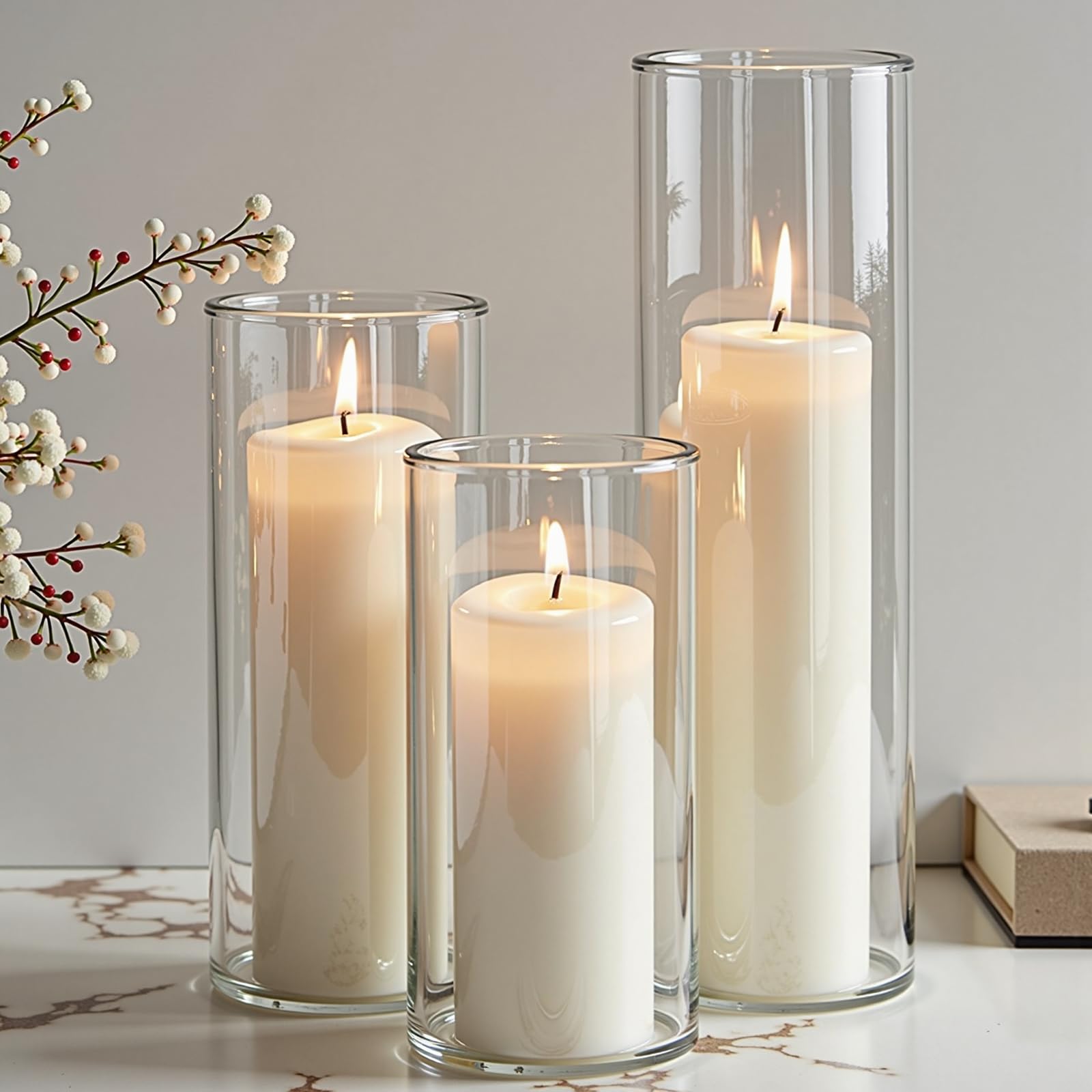 Photo 1 of Mavelune 24-Pack White Pillar Candles with Glass Cylinder Vases - 12 Vases + 12 Candles, Elegant Tall Candle Holders for Weddings, Events, and Home Décor Centerpieces