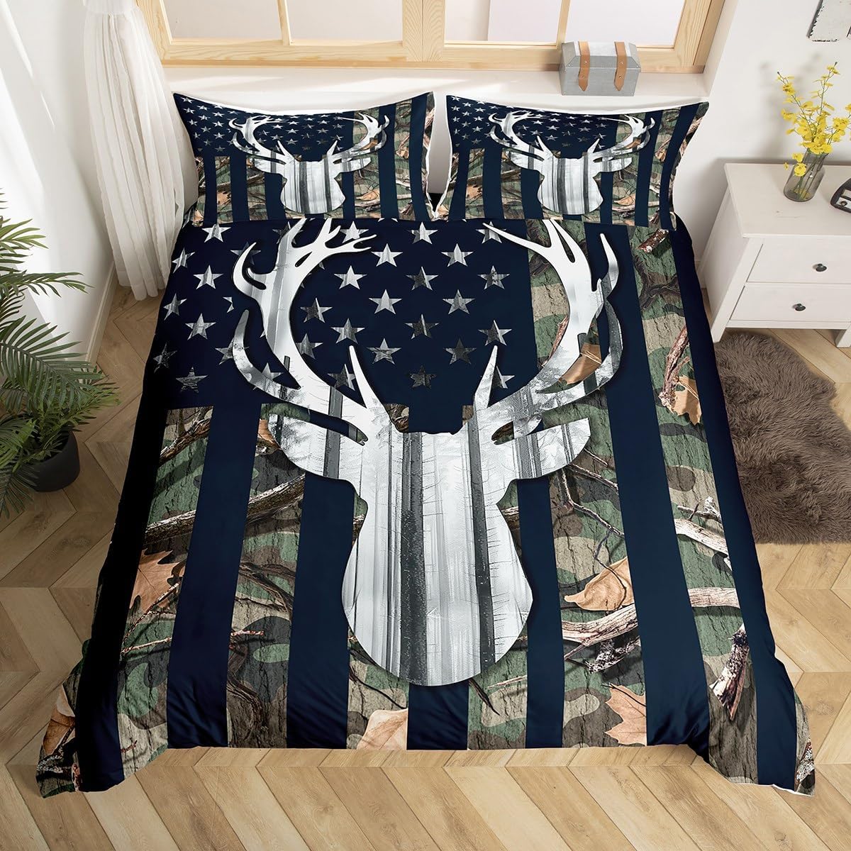 Camouflage USA Flag Comforter Cover Full Size, Green Camo Grey Deer Antlers Trees Print Natural Duvet Cover Set for Girls Teens Xmas Gift, American Flag Bedding Set with 2 Pillowcases (No Comforter) - Image 4