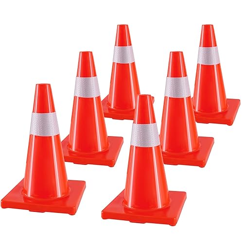 Conos de seguridad de tráfico de 18 pulgadas, paquete de 6 conos de estacionamiento naranja con collares reflectantes, cono de construcción de PVC
