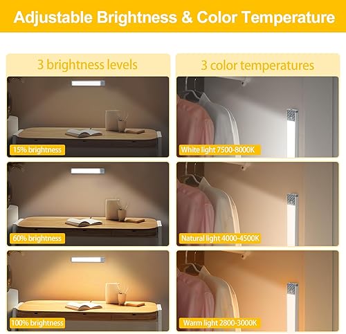Miniatura 4 de Iluminación para debajo del gabinete, 65 LED, 3 temperaturas de color, luces recargables de armario, luz con sensor de movimiento ajustable para