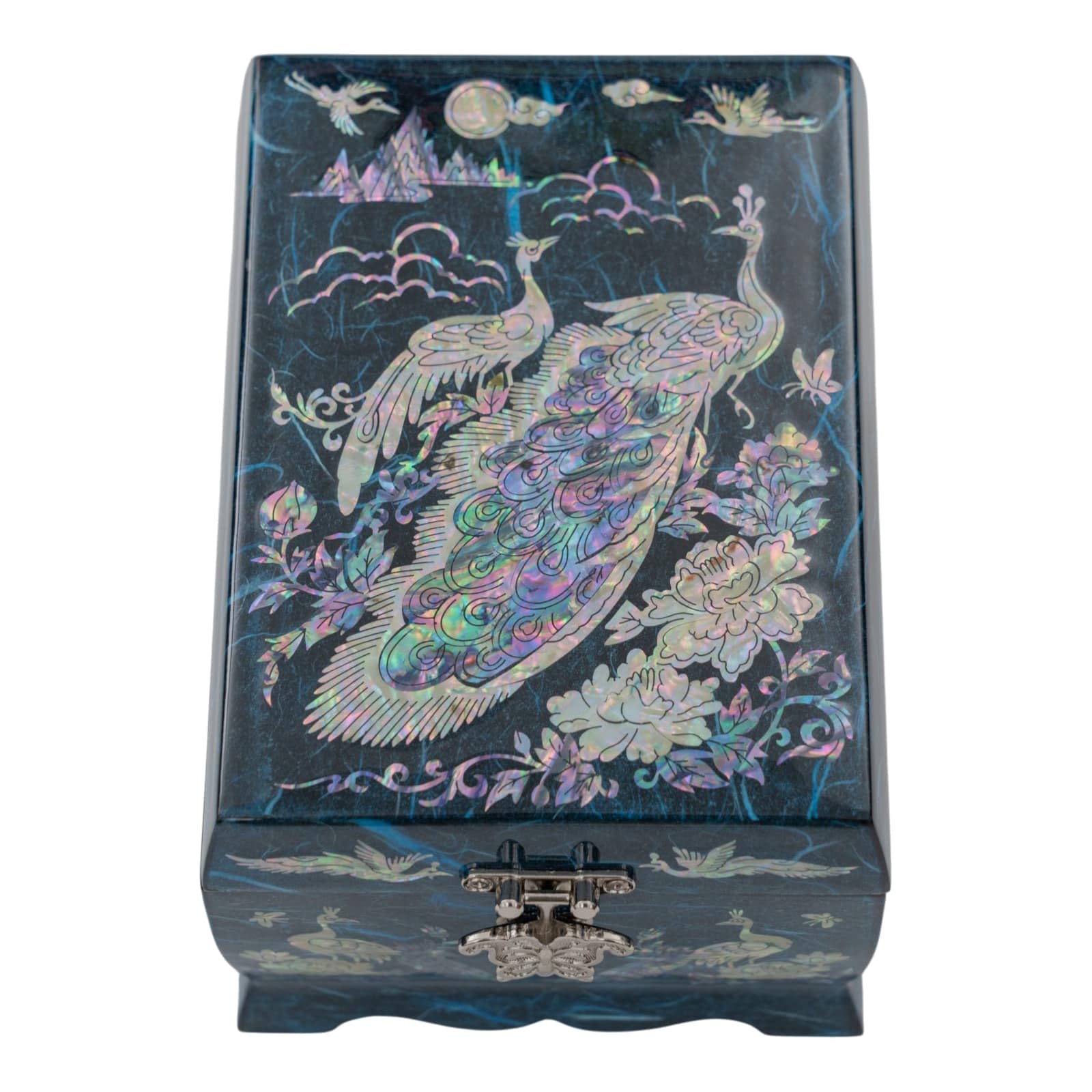 February Mountain Joyero musical de madreperla con espejo y soporte para anillos, caja de música, organizador de joyas tocando melodía Arirang, caja de joyería de pavo real, regalo para mujeres