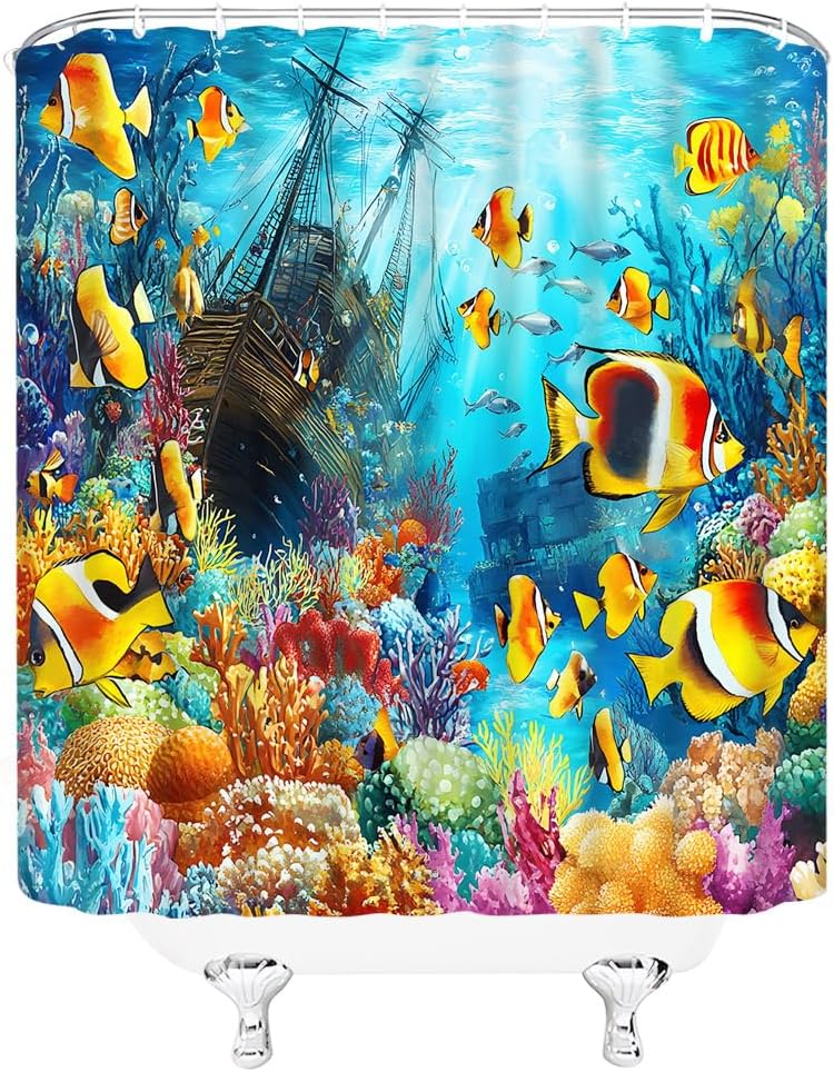 Ocean Underwater World Shower Curtain Tropical Colorful Fish Coral Reef Vintage Shipwreck Fantasy Style Marine Life Fabric Bathroom Decor Curtains with Hooks,90 x 70