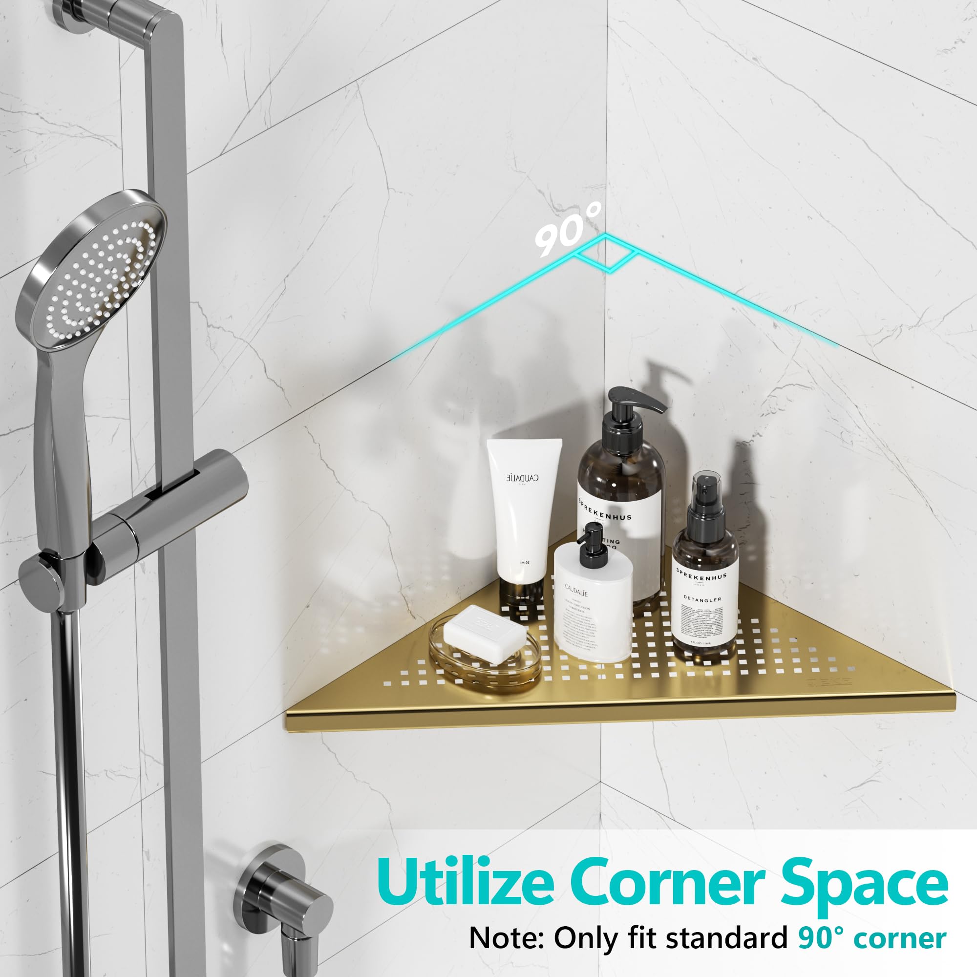 Qeke Estante esquinero de baño, empotrado de 12 pulgadas, estante de ducha de acero inoxidable SUS304 triangular para montaje en pared, sin taladrar, dorado cepillado