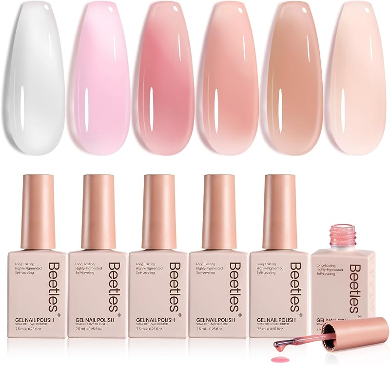 Beetles Jelly Gel Nail Polish Set - 6 Colors Neutral Sheer Milky White Nude Pink Gel Polish Kit Translucent Soak off UV French Nail Art Manicure Gift for Women Girls