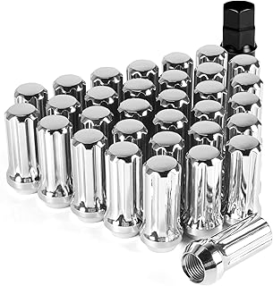 AUTOPTIM M14x1.5 Lug Nuts 32 Pack - Replacement for Ram 2500 3500, GMC Sierra, Chevy Silverado 1500 2500, Ford F250, 7 Spline Closed End Conical Seat Chrome Lug Nut, with Socket Key