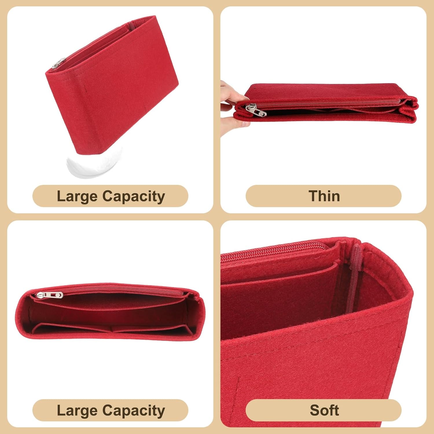 uxcell Purse Organizer Insert, Felt Portable Handbag Shaper with Zipper Multiple Compartments Liner Pouch for Handbag Purse Tote Bag, 10.6" x 2.2" x 6", Pink - Image 4