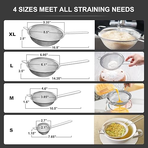 Vista 2 de Walfos Extra Fine Mesh Strainer Set of 4-9.35", 6.95", 4.6", 2.7", Stainless Steel 30 Mesh Sieve with Sturdy Handle, Kitchen Food Strainers Sifters