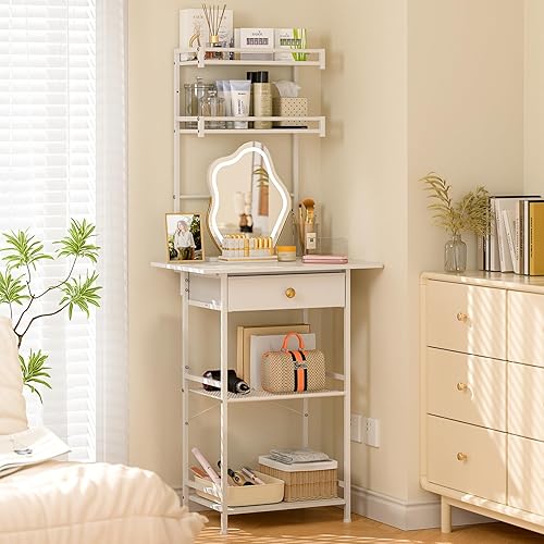Miniatura 3 de Escritorio pequeño sin espejo, mesa de tocador de maquillaje para espacios pequeños, tocador blanco compacto con cajones de tela, tocador de