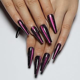 Purple Press on Nails - Handmade Fake Nails | Cat Eye & Velvet Effect Design Acrylic Nails | Glossy,Glitter,Gradient Color,Reusable Long Nails | 12 Sizes - 24 Nail Kit with Jelly Glue