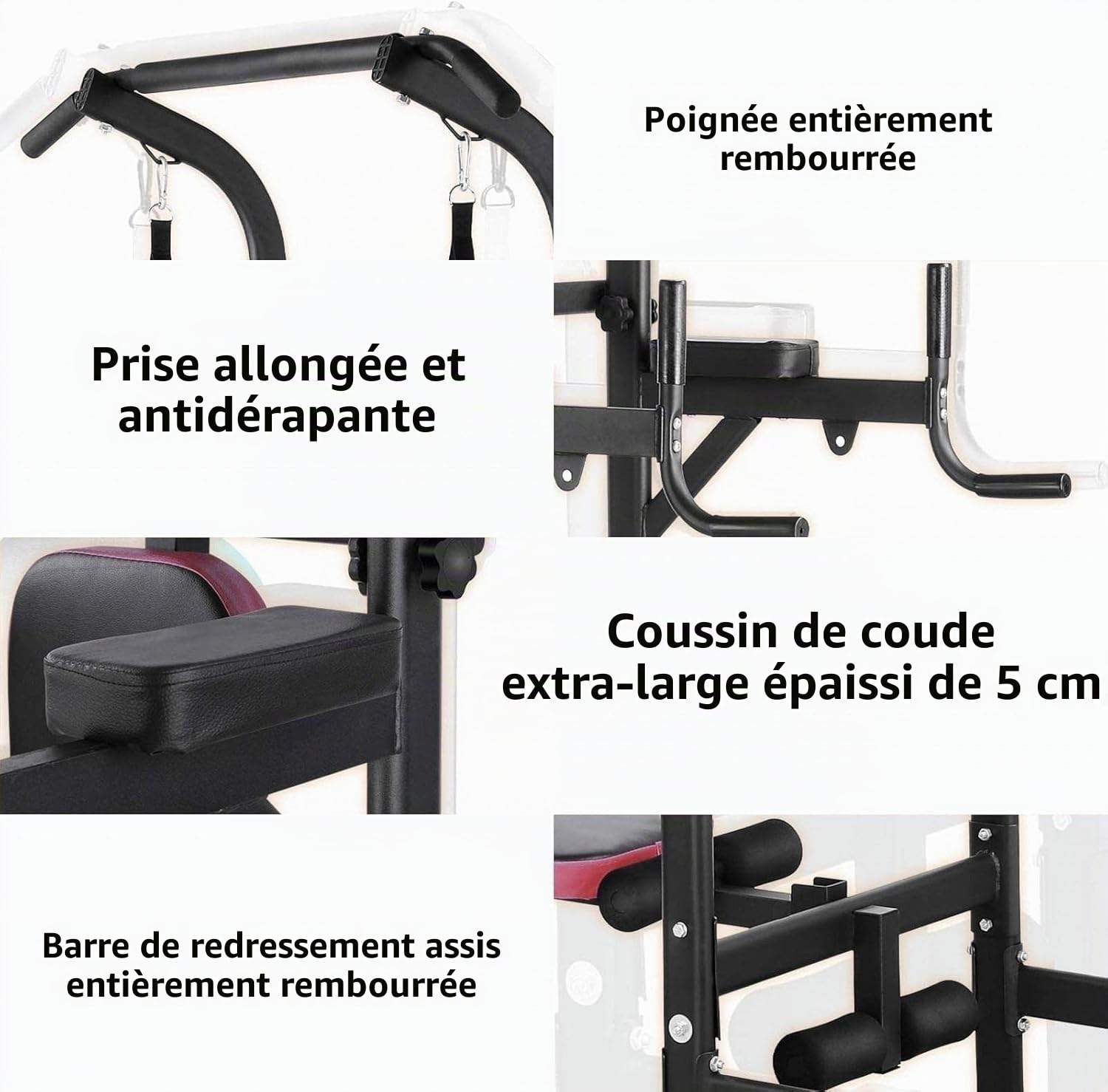 Dip Station Power Tower Tour de musculation multifonction avec banc de musculation pliable, barre de traction pour appareils de musculation à la maison, avec bandes d'entraînement, capacité de charge