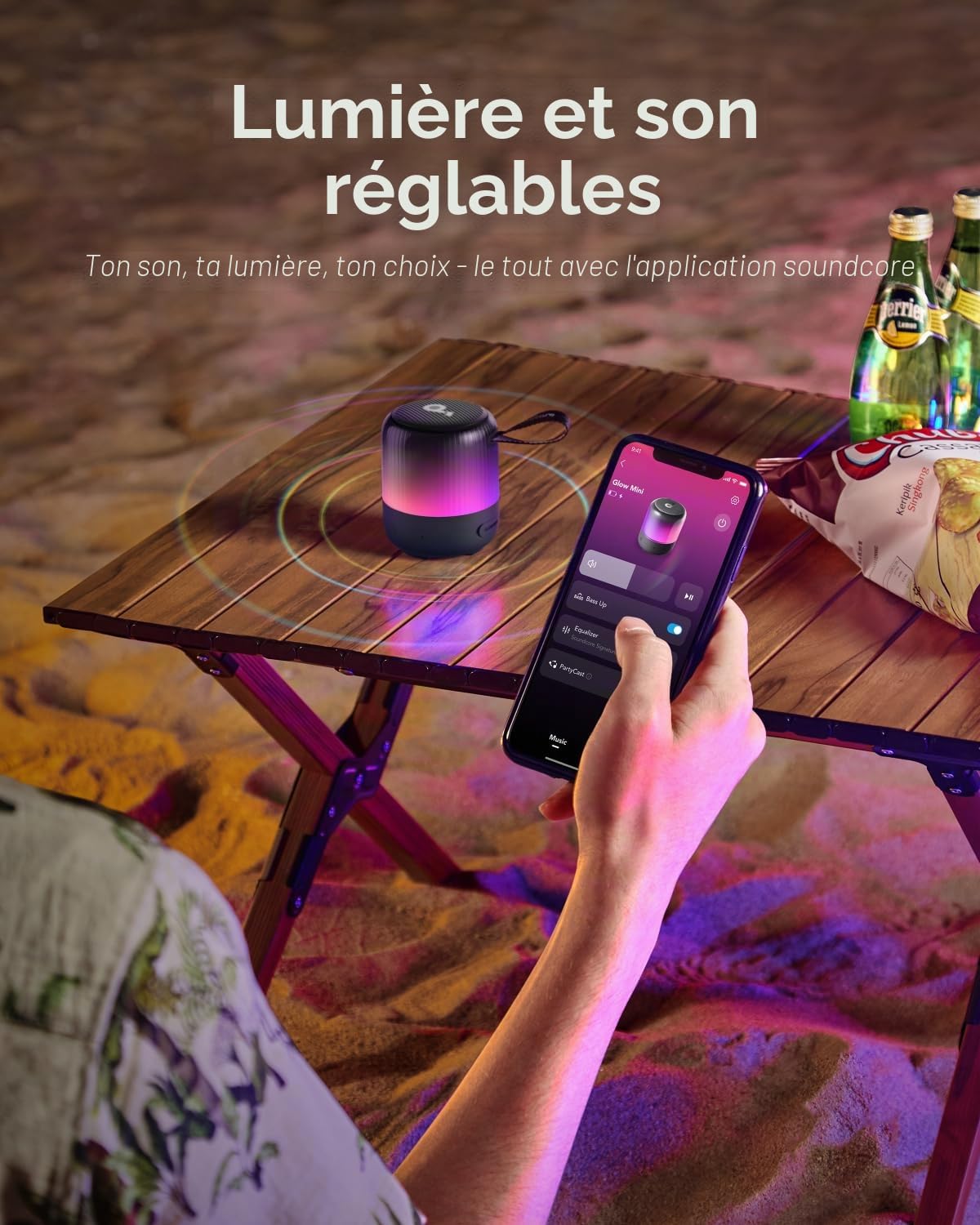 soundcore Glow Mini Enceinte Bluetooth Puissante, Son 360°, Jeu de lumière, Batterie 12h, EQ/lumière Personnalisables, IP67, pour Camping, Maison, fêtes Plage