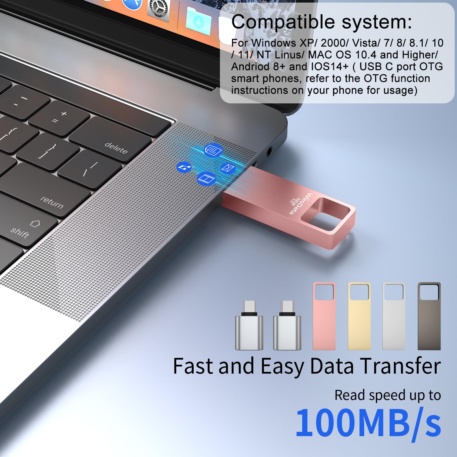 Unidad flash USB 3.0 de 32 GB, paquete de 4 unidades con adaptadores USB-C, mini diseño de metal, velocidad de lectura de 100 MB/s, funda de almacenamiento incluida, oro rosa, gris y plateado
