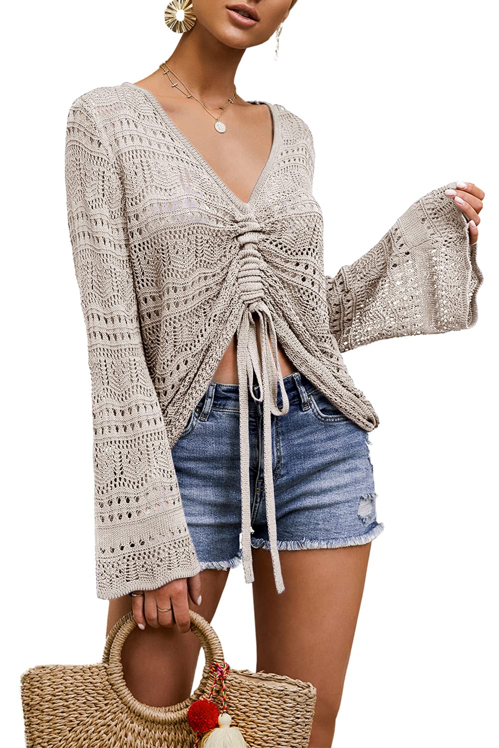 Saodimallsu Damen Pullover Flowy Oversized Langarm Frühling Sommer Strickpullover V-Ausschnitt Crochet Sexy Tops