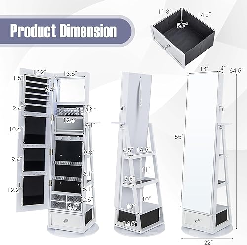 Miniatura 7 de CHARMAID Armario de joyería giratorio de 360 con espejo de longitud completa de 64.5 pulgadas de alto, 6 LED organizador de joyas con cerradura con