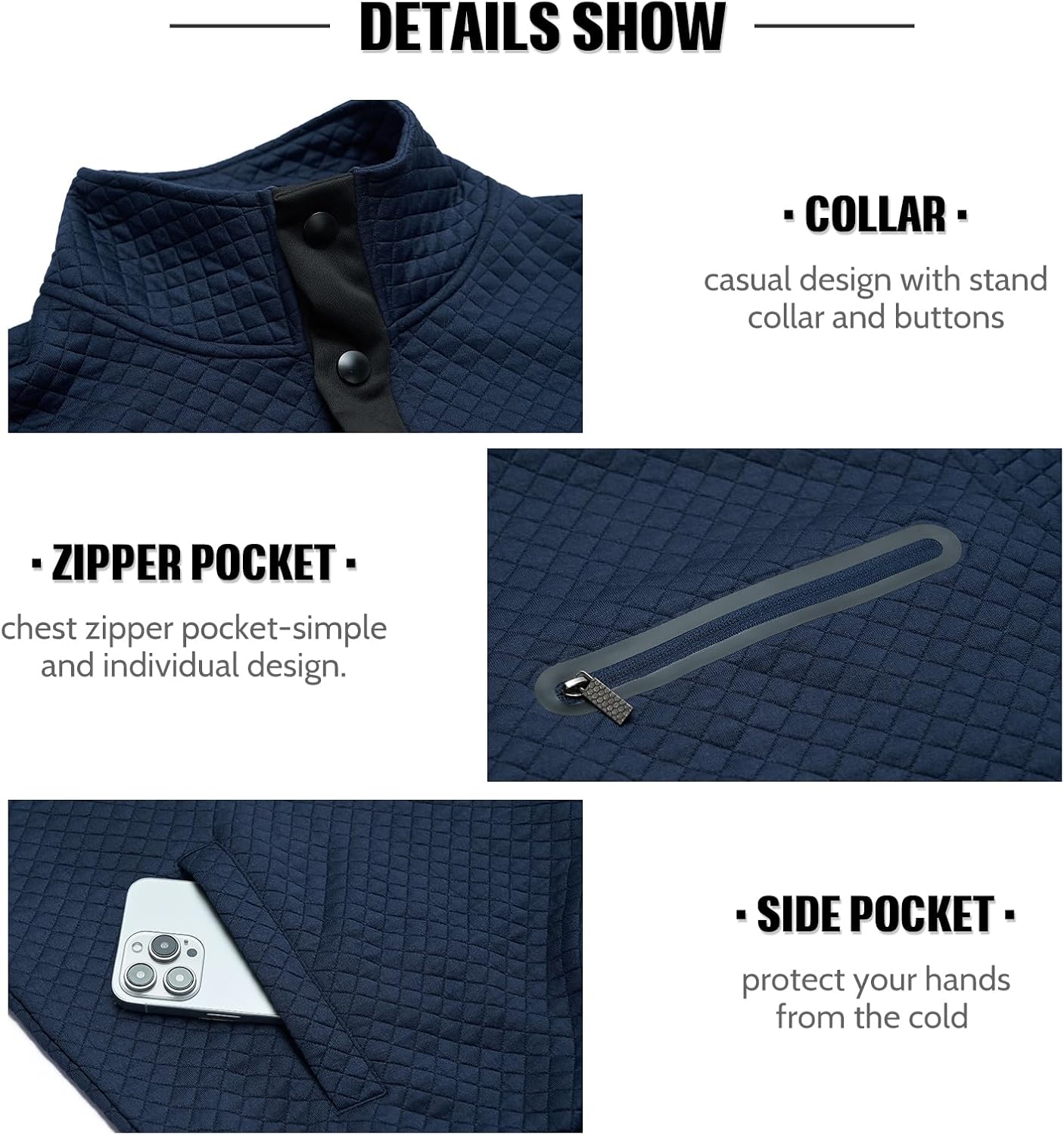 MANLUODANNI Men's Casual Sweatshirt Long Sleeve Waffle Stand Collar Button Quilted Pullover Sweatshirts with Pocket - Image 5