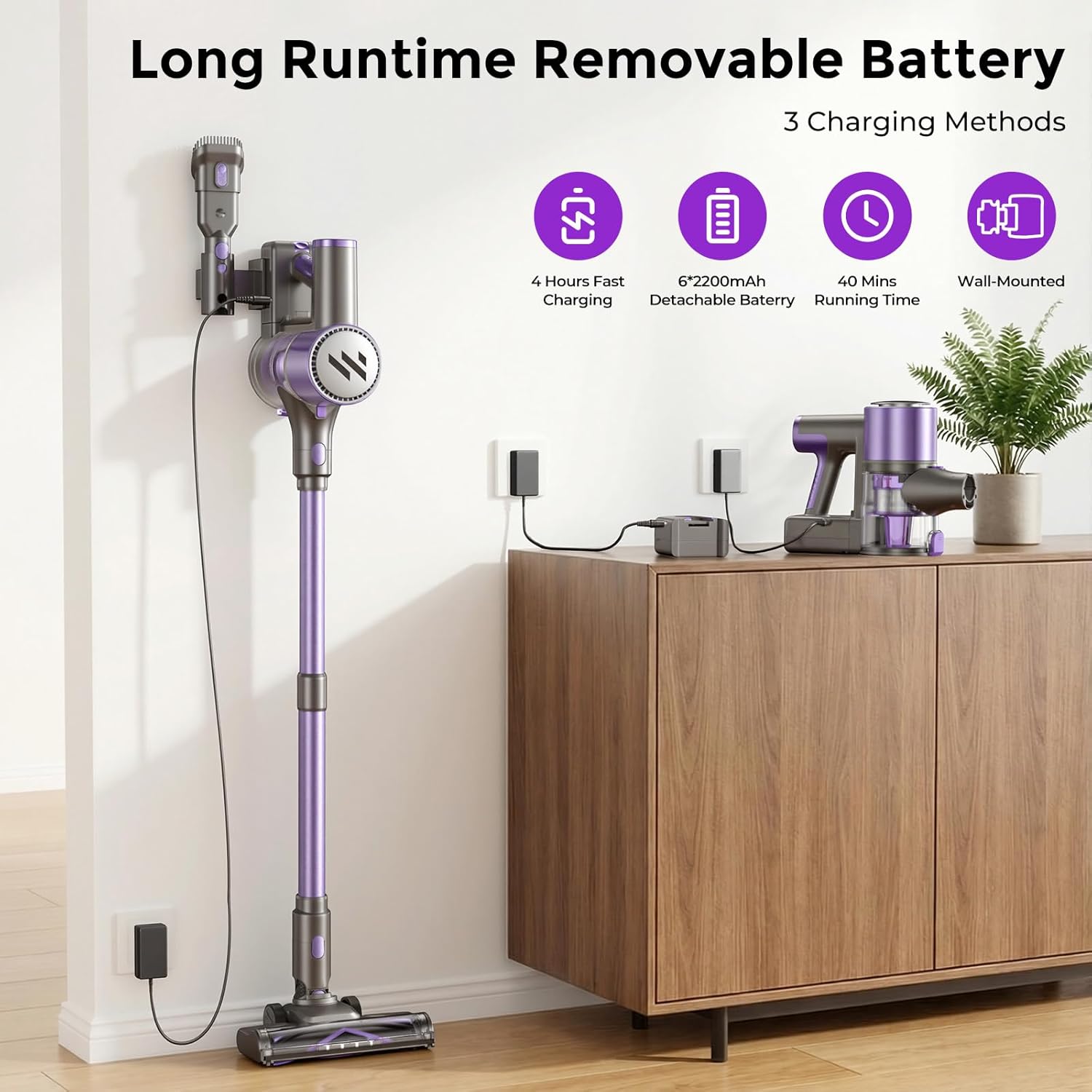 MBTTODF Cordless Vacuum Cleaner,Vacuum Cleaner for Home with Brushless Motor,Lightweight Stick Vacuum with Self-Standing and Touch Screen,Hardwood Floor Vacuum for Pet Hair,Carpets,Tile(Light Purple)