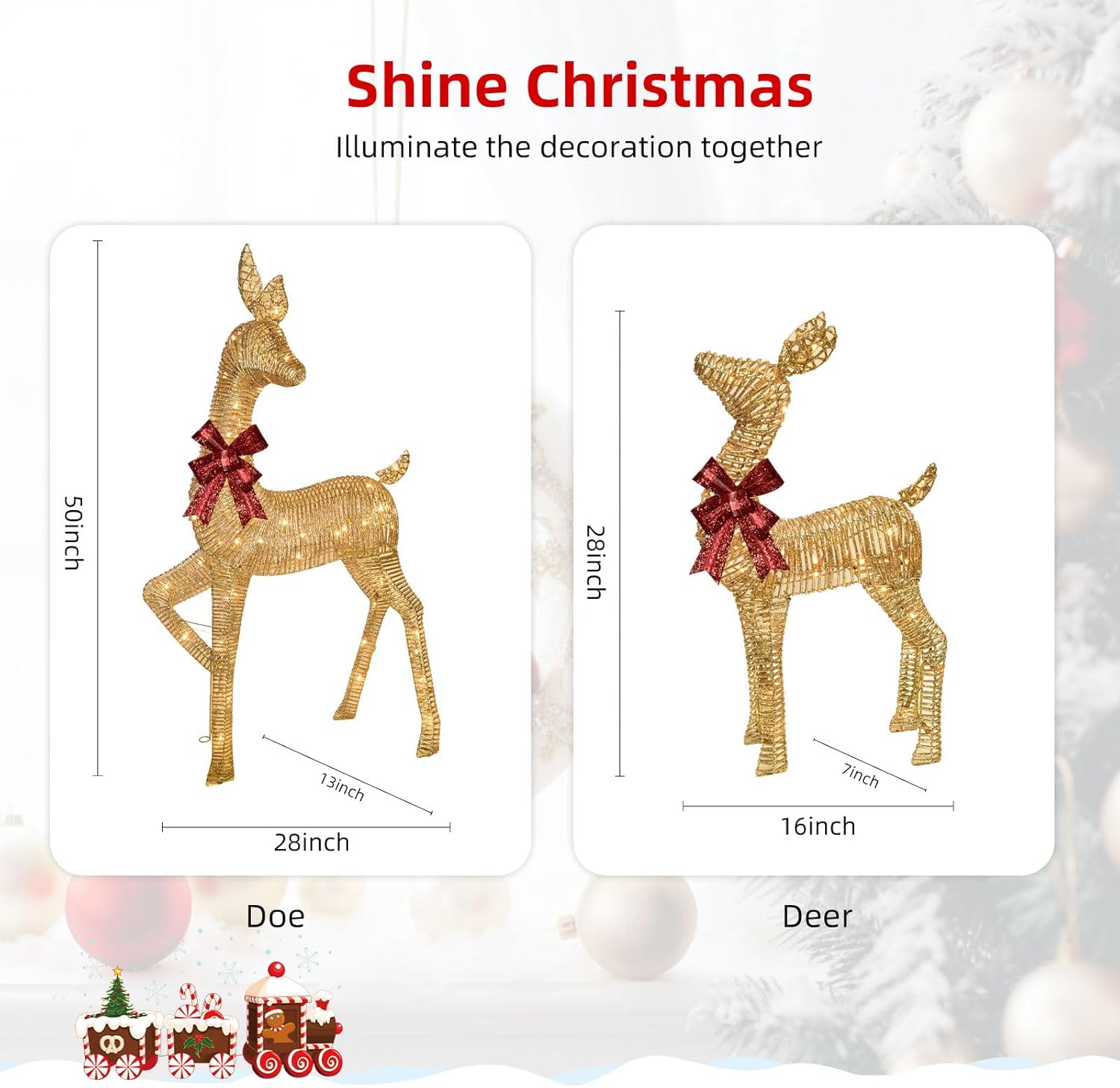 2-Piece Large Lighted Christmas Deer - HOYECHI Outdoor Yard Decoration Rattan Reindeer with 85 LED Lights, Stakes, Zip Ties - Gold
