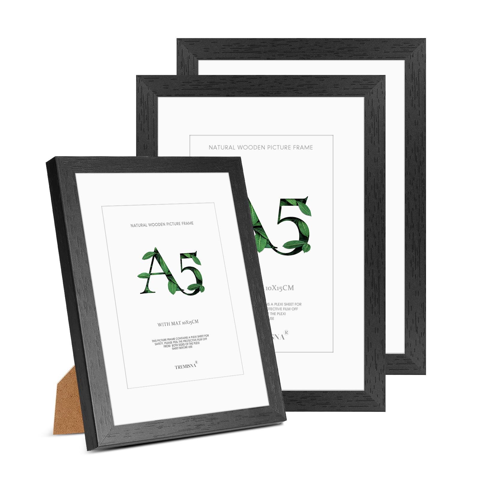 Tremisna® 3x A5(14.8x21cm) Black Wood Picture Frame – Removable Mat for 10x15cm Photos or A5 Without Mat, HD Perspex, Stand for Tabletop & Wall Hanging