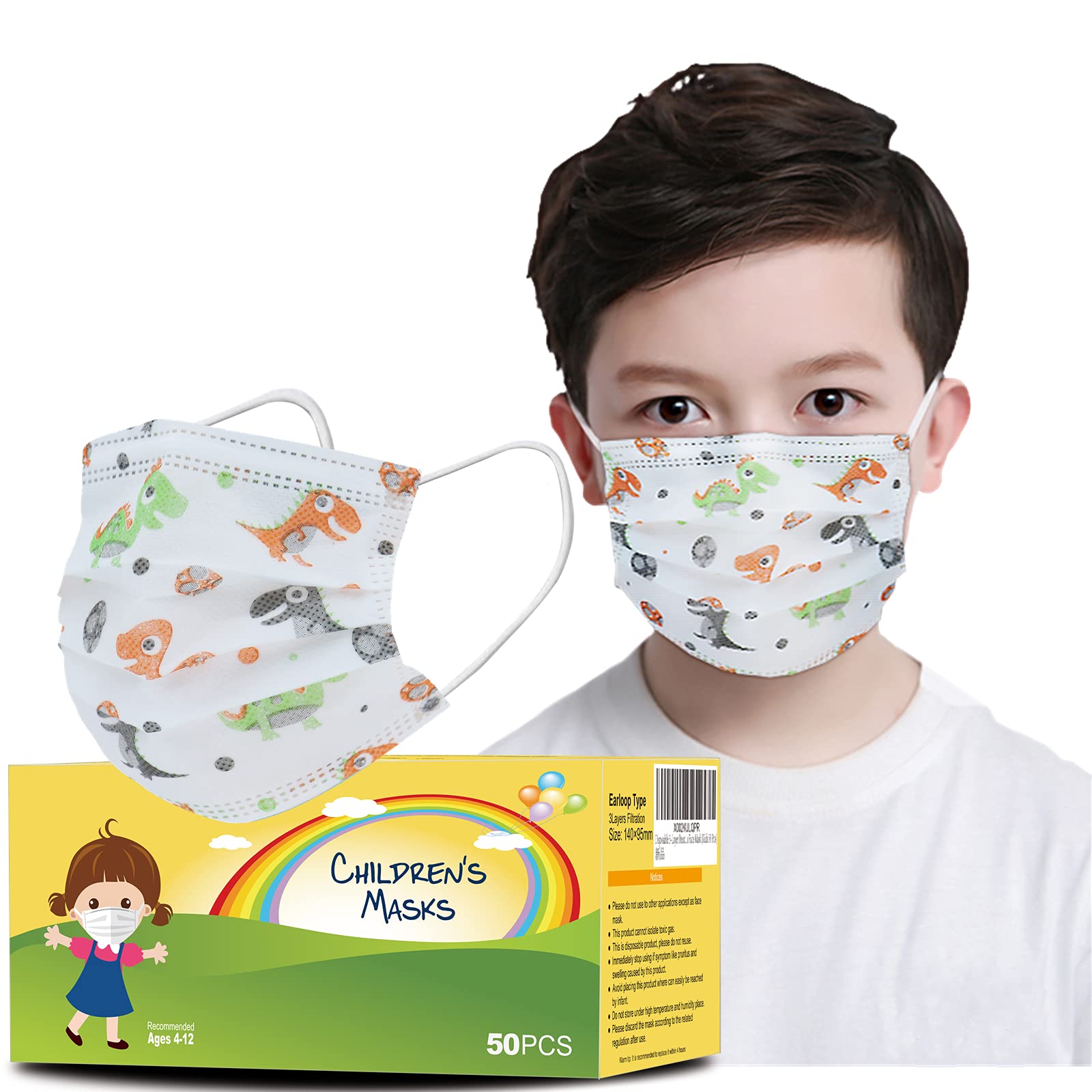 Kids Face Masks 50 Pack Ages 4-12,Disposable 3-Layer Protection Filter Child Face Mask for Kids Safety Anti Dust Cove