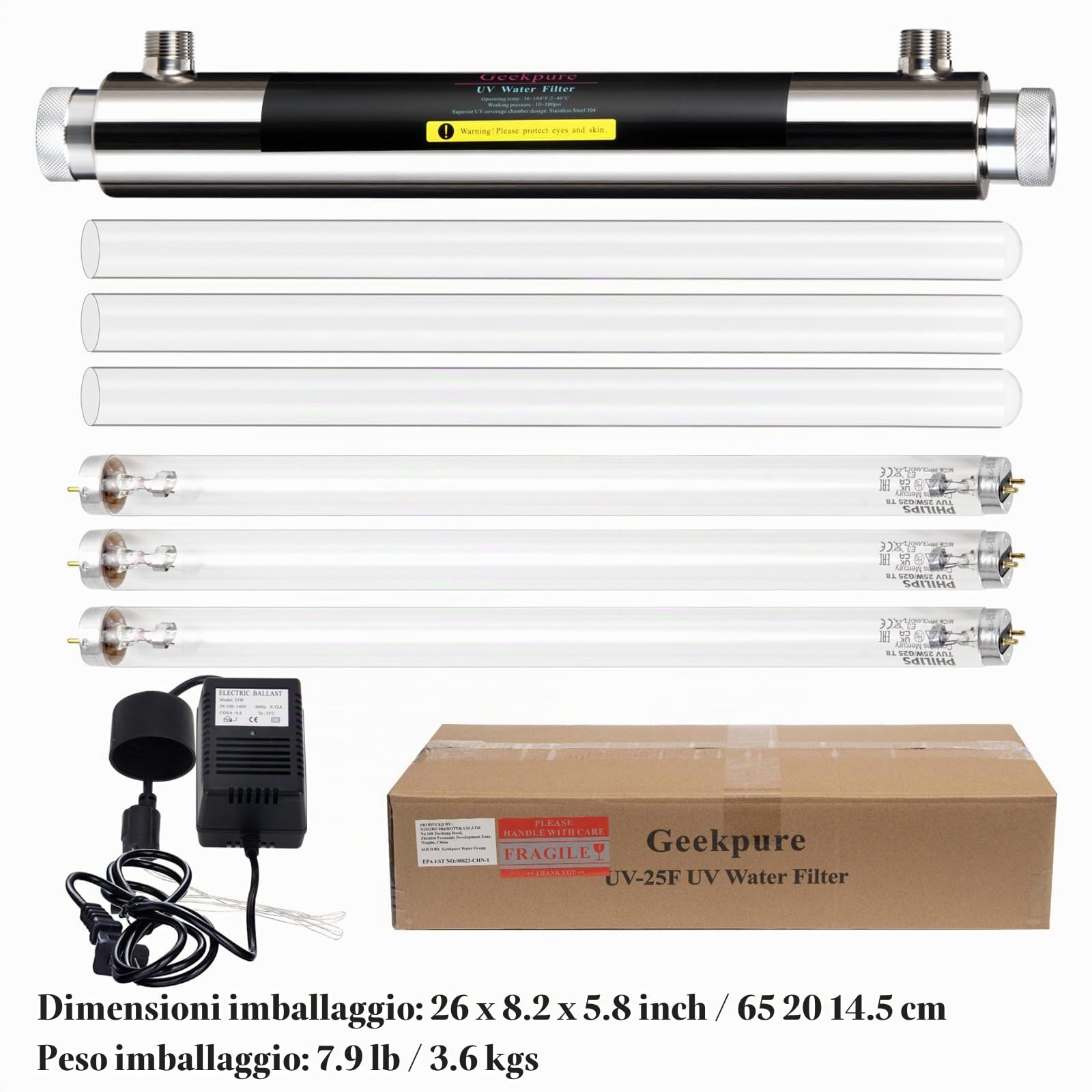 Geekpure Sistema di filtraggio dell'acqua per tutta la casa U-V 6 GPM - Depuratore d'acqua con 3 filtri UV + 3 manicotti al quarzo (25 Watt)
