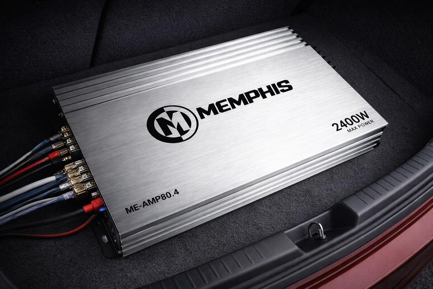 Memphis ME-AMP80.4 Class D 4-Channel Amplifier installed in a car trunk