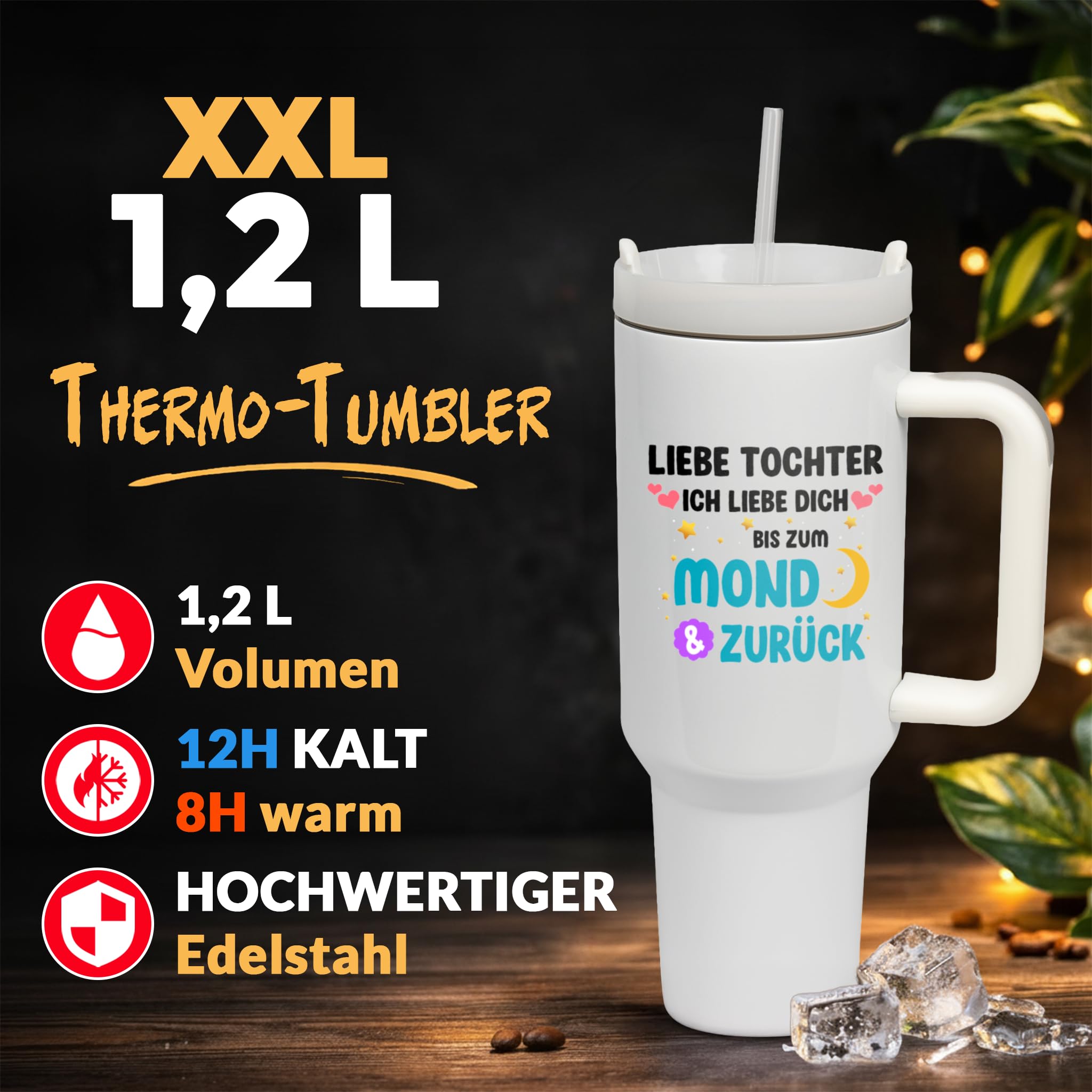XXL Thermobecher für Tochter – Geschenk zum Geburtstag & Weihnachten – Edelstahl Trinkflasche, Weiß mit Spruch Liebe dich bis zum Mond & zurück (WIEDERVERWENDBAR)
