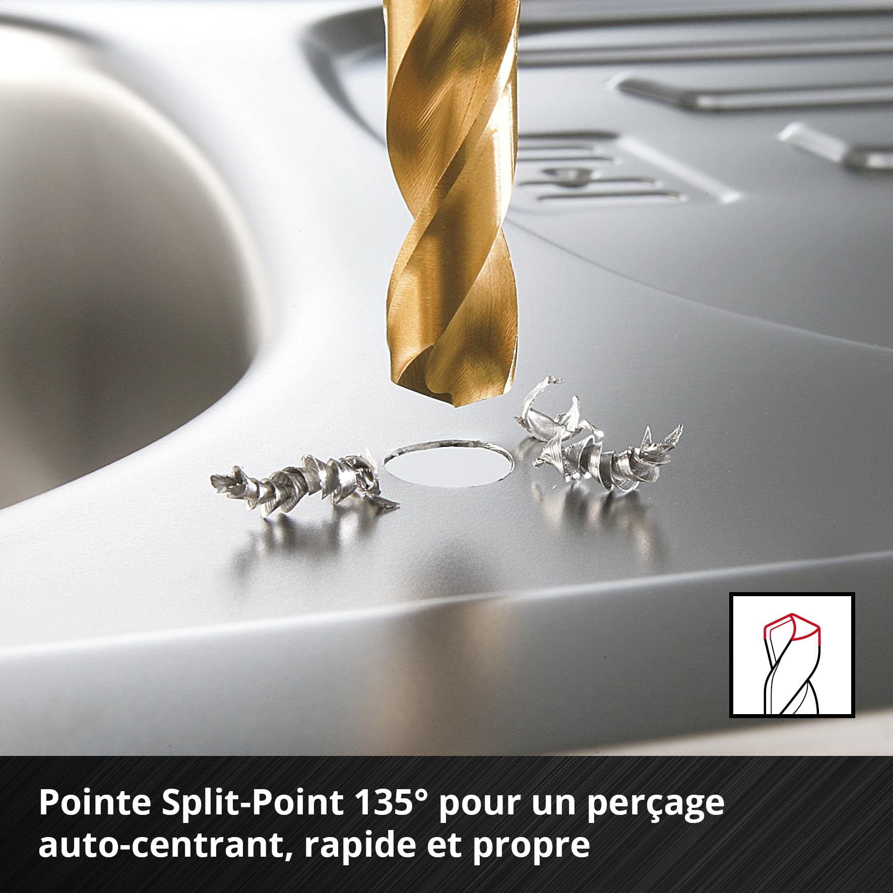 Einhell 19 pièces jeu de forets métal HSS-G TiN, Ø 1–10 mm | Acier HSS | revêtement nitrure de titane | pointe Split Point 135° | spirale N fraisée | queue cylindrique | coffret incl.