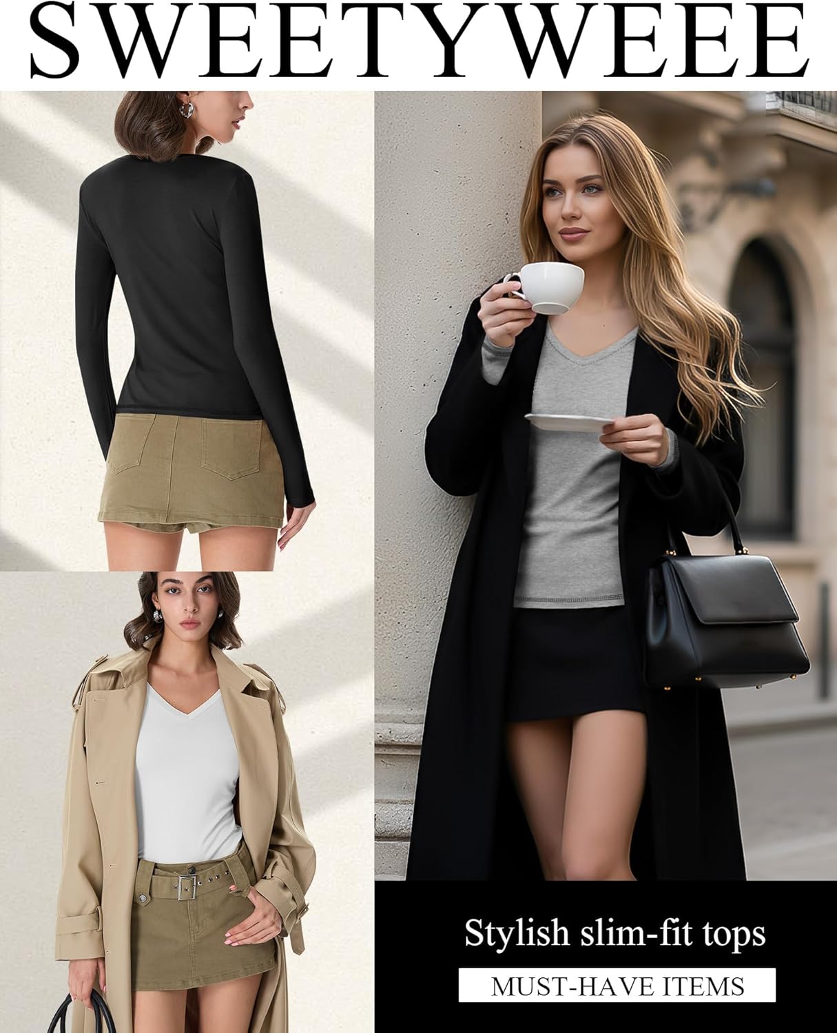 3 Pack Women's Long Sleeve Shirts V Neck Fitted Crop Tops Basic Tight Stretchy Tees Lightweight Layering Clothes - Image 5