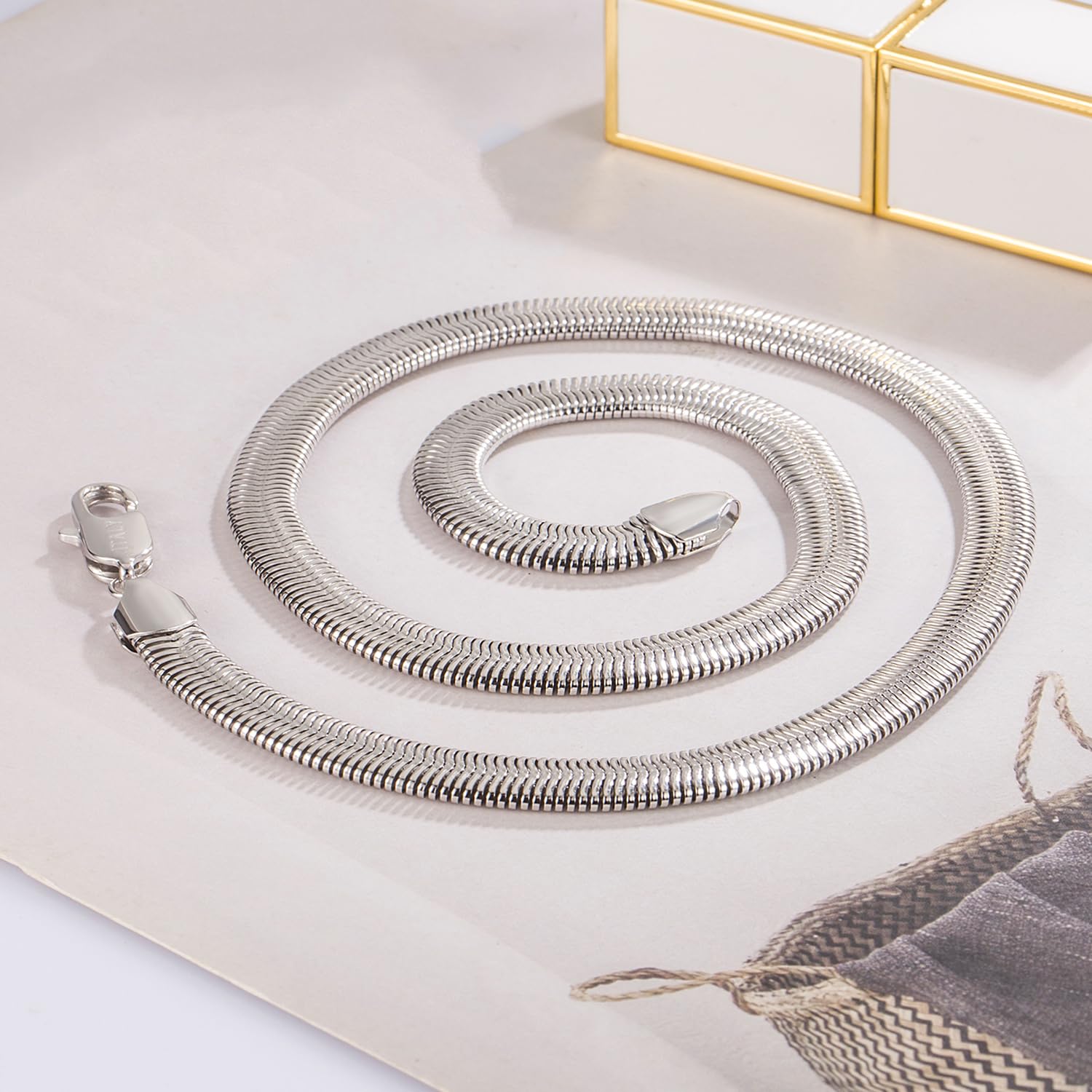 Dankadi Collana a spina di pesce a forma di serpente, larga, 6 mm, 8 mm, in 925, in argento, per uomo e donna, catena piatta a girocollo 41 – 76 cm, maglia serpentina dorata, 16 – 30 pollici, regalo
