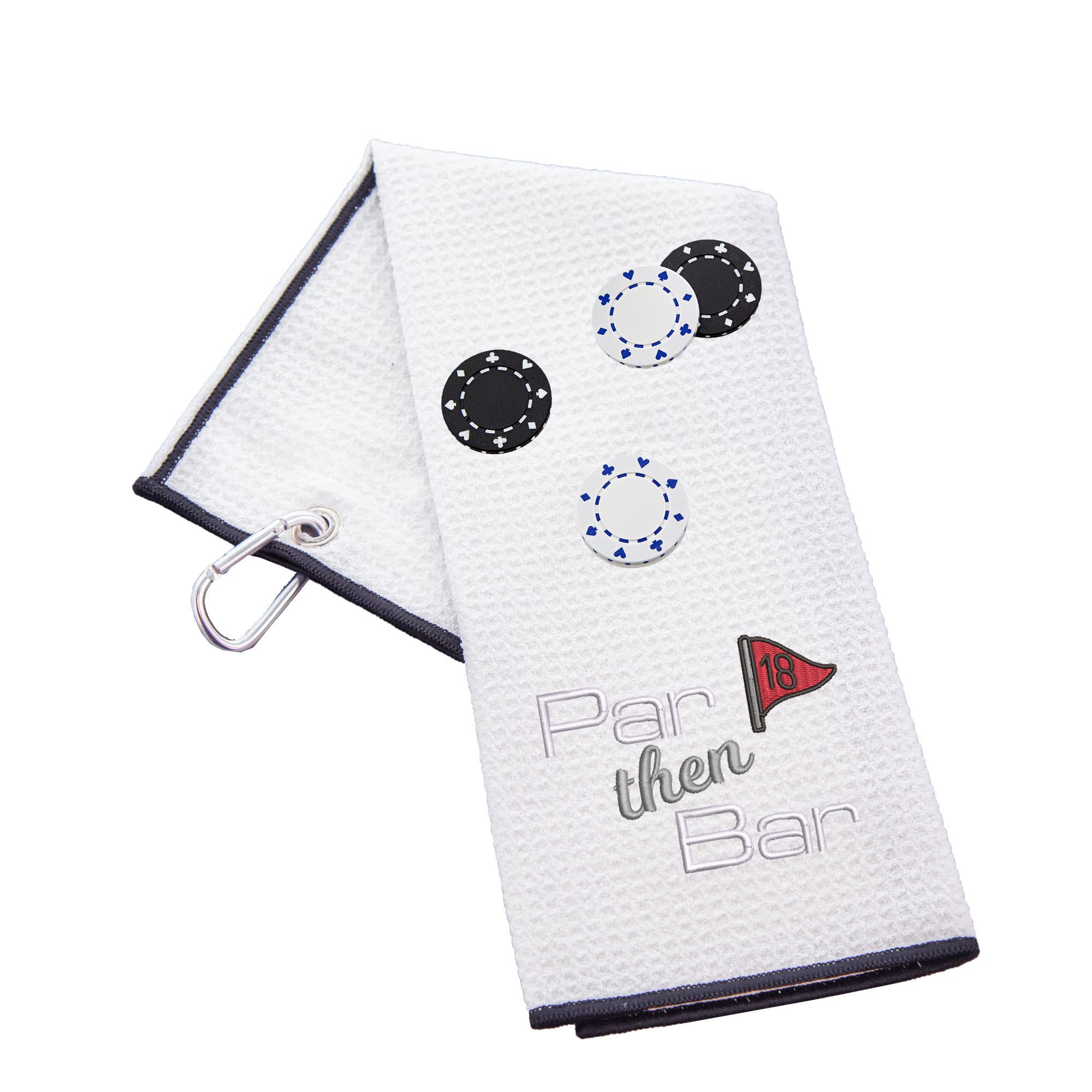 Funny Trifold Golf Towel and Poker Chip Marker Set Gift for Men, Carabiner Clip for Golf Bags, Par Then Bar, Waffle White