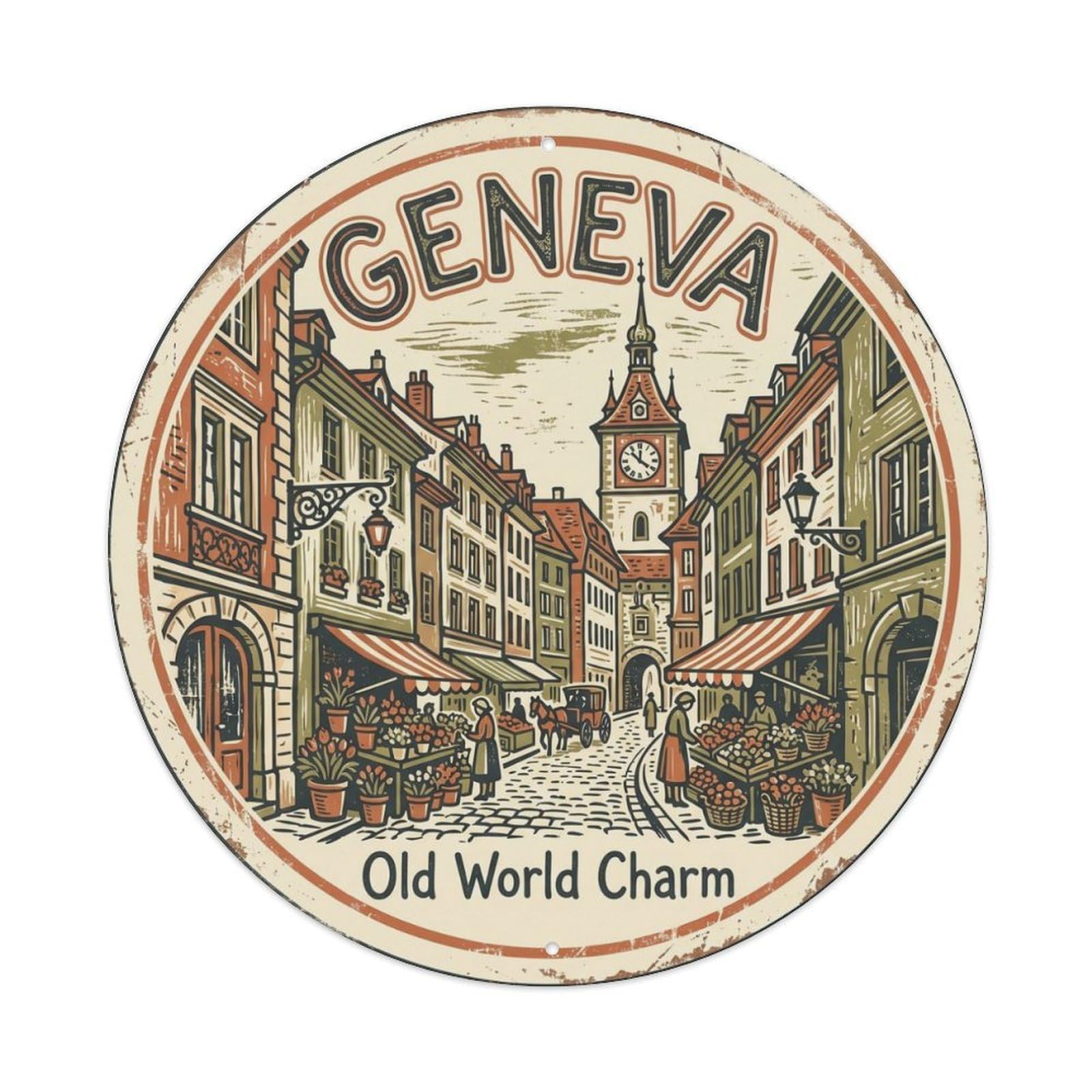 Vintage Travel Geneva Oldtown Heritage Metal Tin Sign Plaque Wall Decor for Cafe, Club Bar, Office, Home Garden Round Metal Poster 8x8Inch