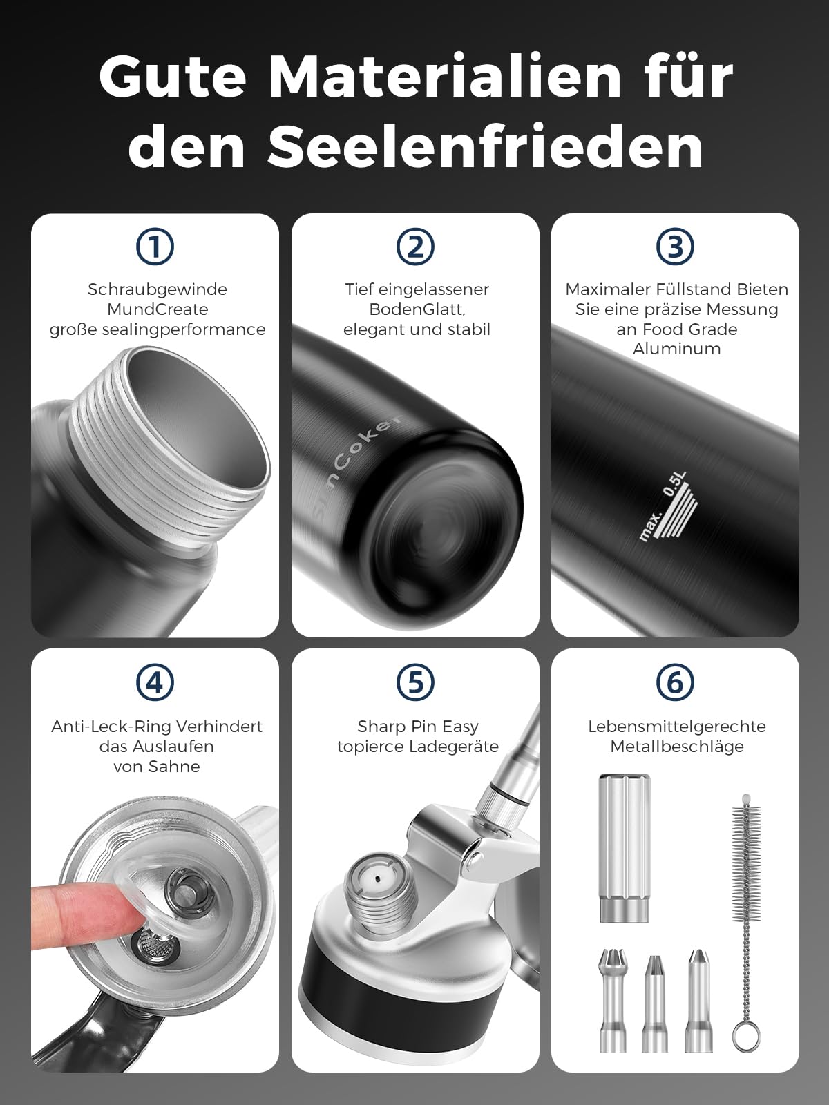Professioneller Sahnespender aus Aluminium 500ml / 1 Pint, auslaufsicher für Desserts und Kaffee, 3 Dekorationsaufsätze, lebensmittelgeprüft, N2O Kapseln Nicht enthalten