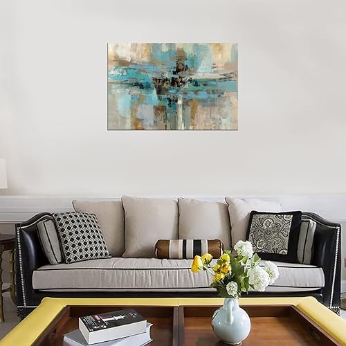 Vista 4 de DZL Art A74769 - Impresiones en lienzo abstractas para pared, pinturas artísticas azules y marrones, lienzo estirado de madera, enmarcado para sala