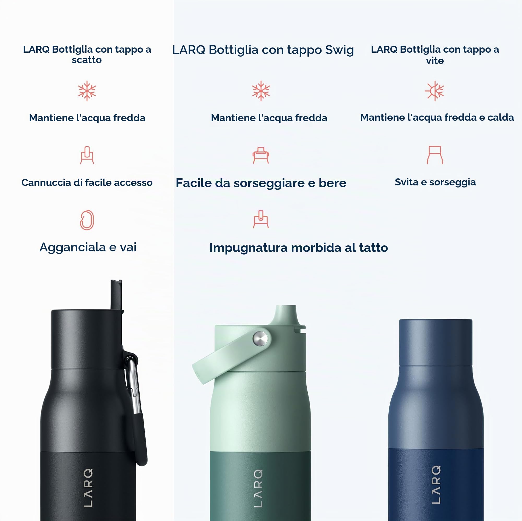 LARQ Flip Top 740ml – Borraccia termica in acciaio inox con doppio isolamento, Cannuccia con tappo ribaltabile, Moschettone rivestito in silicone, Senza BPA, Obsidian Black