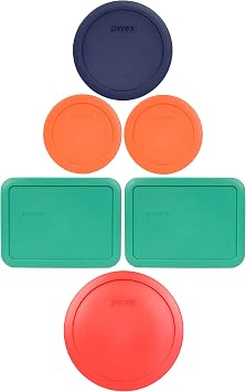 Pyrex 1 7402-PC 6/7-Cup Red, 2 7210-PC 3-Cup Light Green, 1 7201-PC 4-Cup Blue, and 2 7200-PC 2-Cup Orange Food Storage Lids - Made in USA